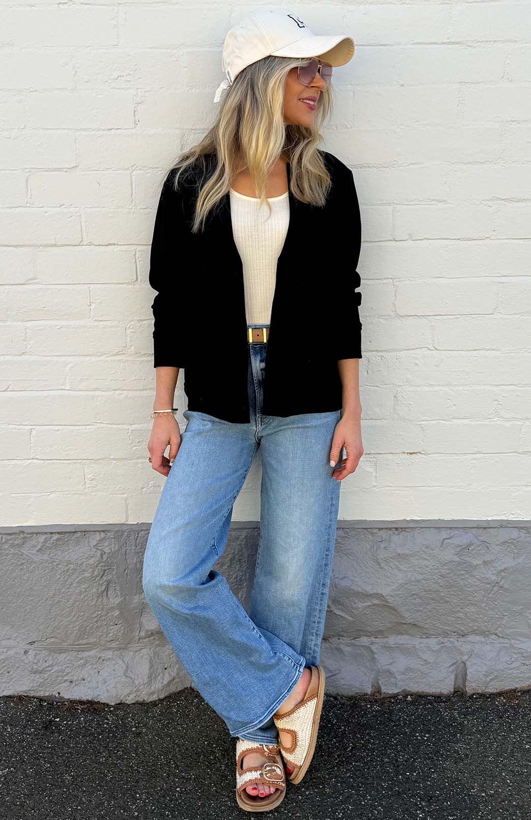Black Women's Merino Wool Ponte Relax Fit Cardigan with Buttons