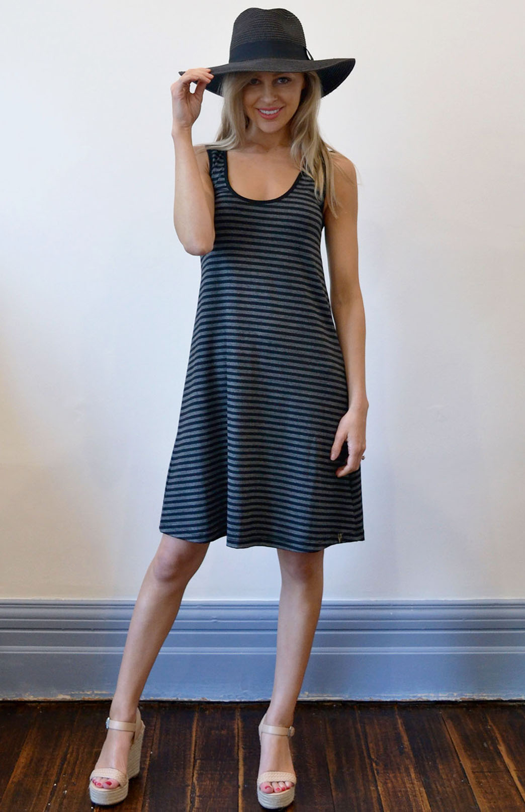 Black Grey Stripe Women&#39;s Sleeveless Merino Wool Swing Dress with Ruffle Detail
