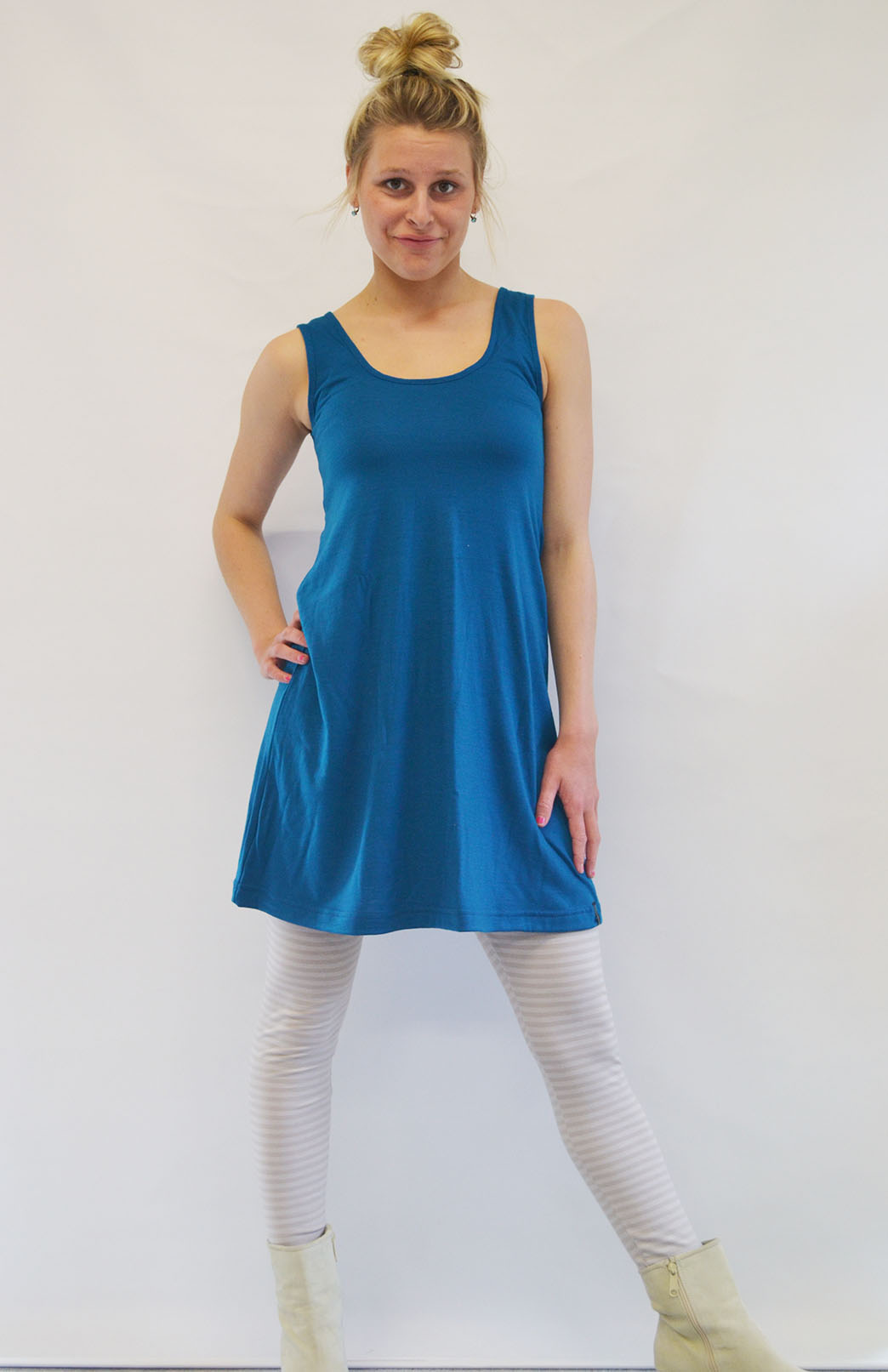 Teal Women's Sleeveless Merino Wool Swing Dress with Ruffle Detail