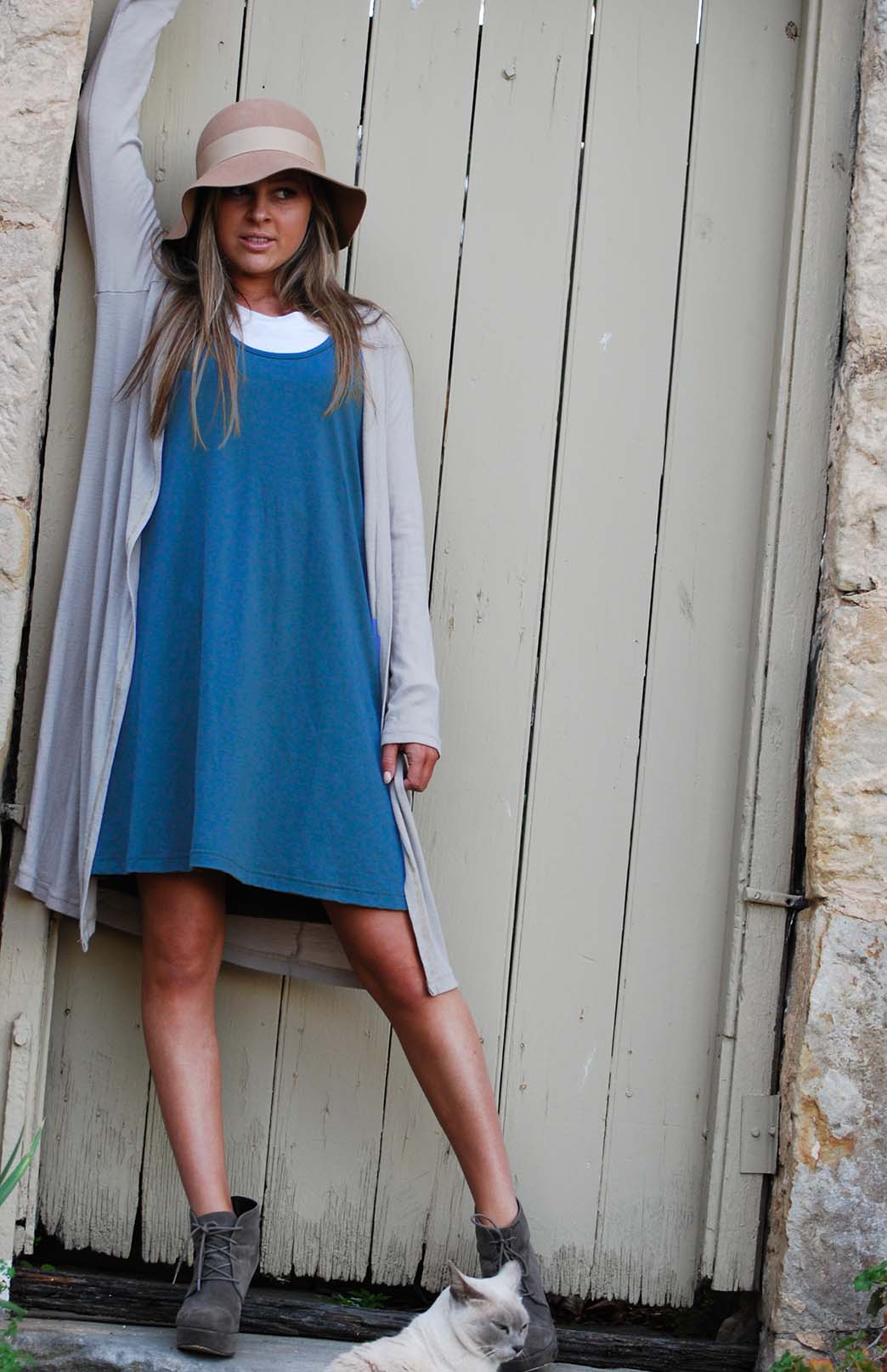 Teal Women&#39;s Sleeveless Merino Wool Swing Dress with Ruffle Detail
