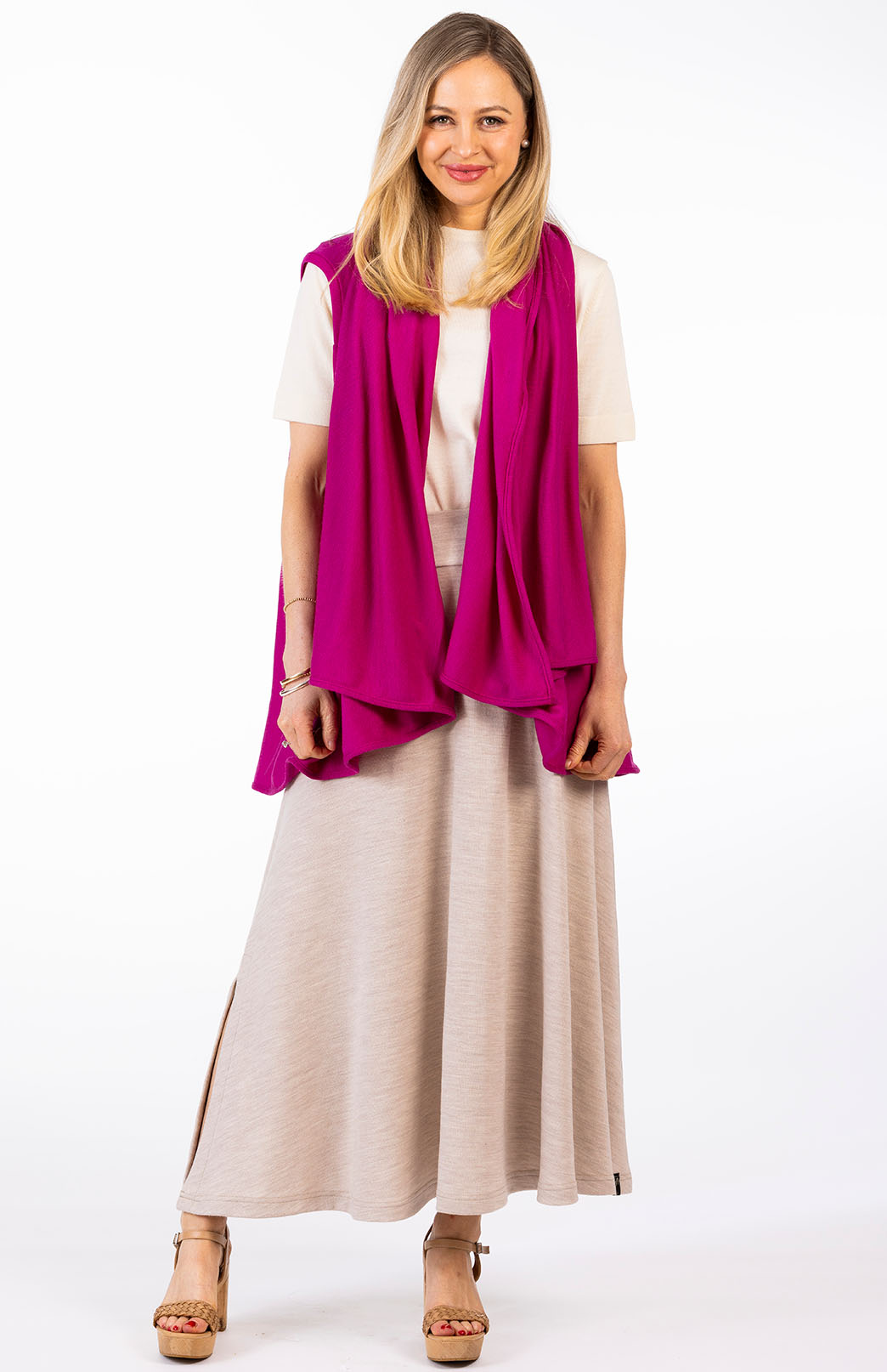 Oatmeal Marl Women's Merino Wool Ponte A-Line Midi Skirt