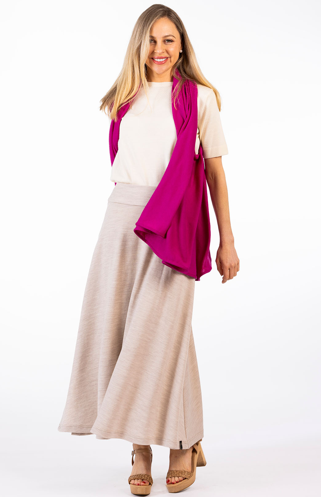 Oatmeal Marl Women's Merino Wool Midweight A-Line Midi Skirt