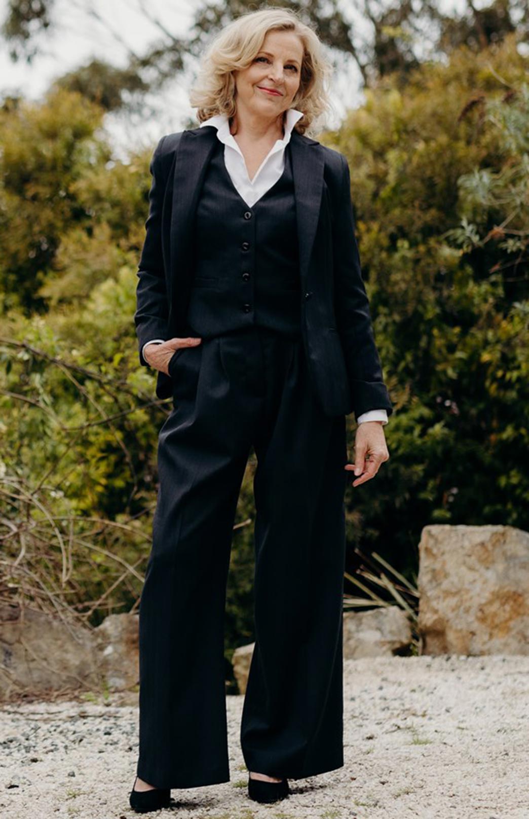 Obsidian Grey Herringbone Women's Superfine Merino Wool Herringbone Wide Leg Pleated Pants 