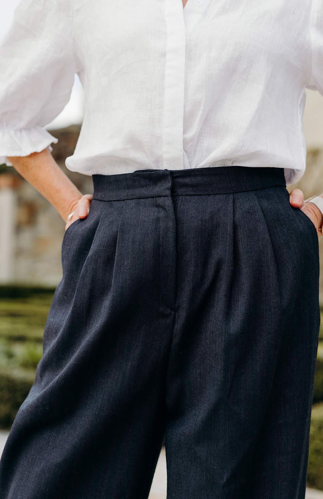 Obsidian Grey Herringbone Women's Superfine Merino Wool Herringbone Wide Leg Pleated Pants 