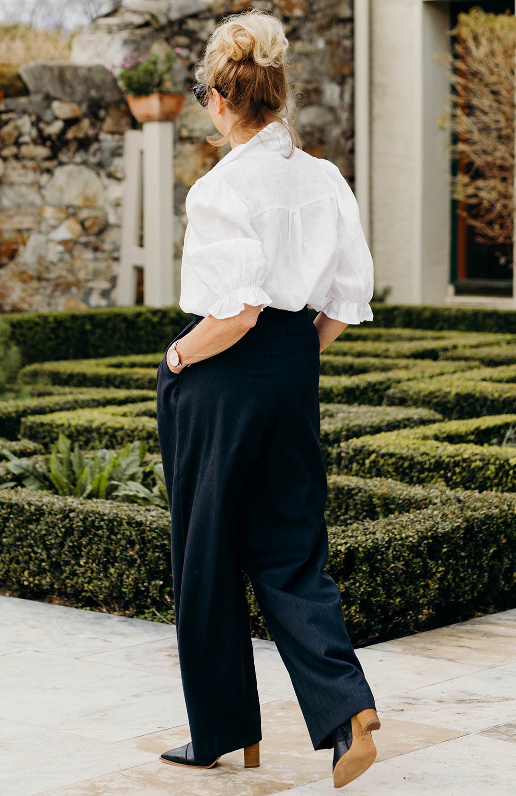 Obsidian Grey Herringbone Women's Superfine Merino Wool Herringbone Wide Leg Pleated Pants 