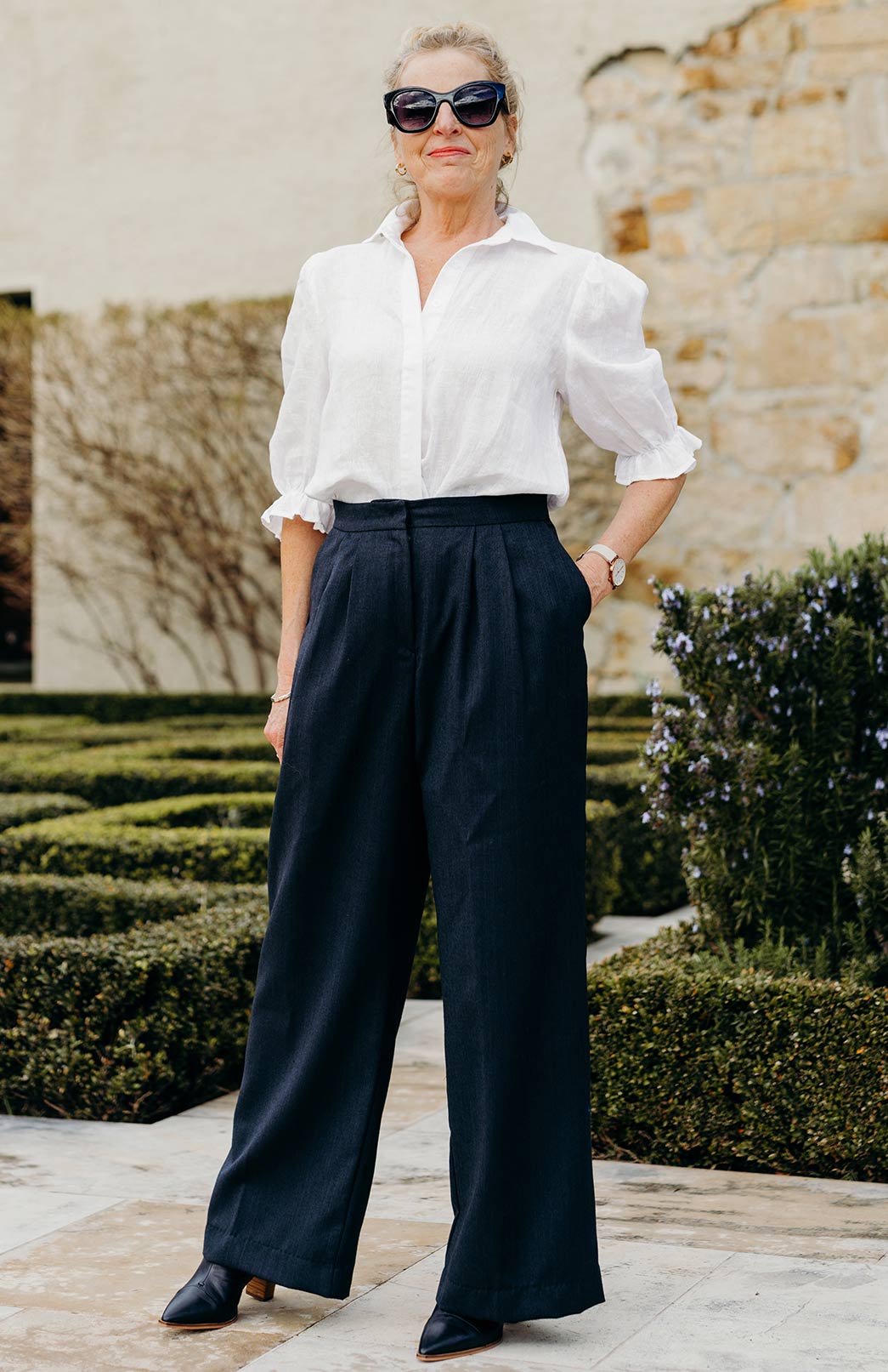 Obsidian Grey Herringbone Women's Superfine Merino Wool Herringbone Wide Leg Pleated Pants 