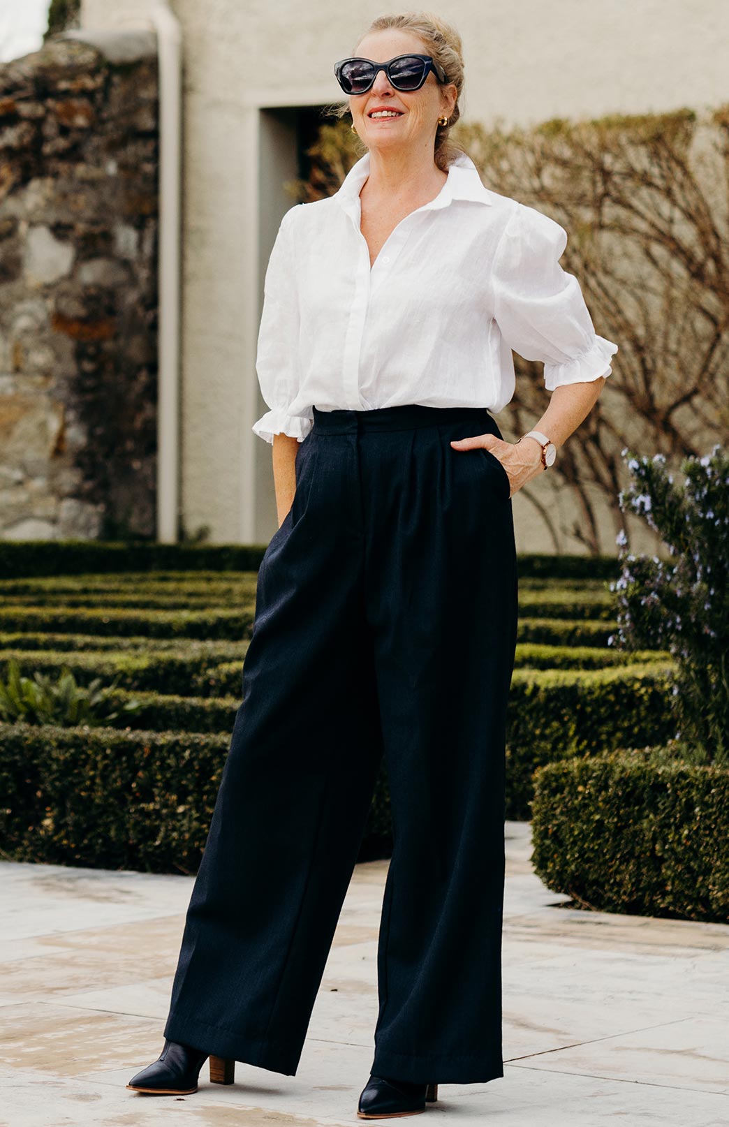 Obsidian Grey Herringbone Women's Superfine Merino Wool Herringbone Wide Leg Pleated Pants 