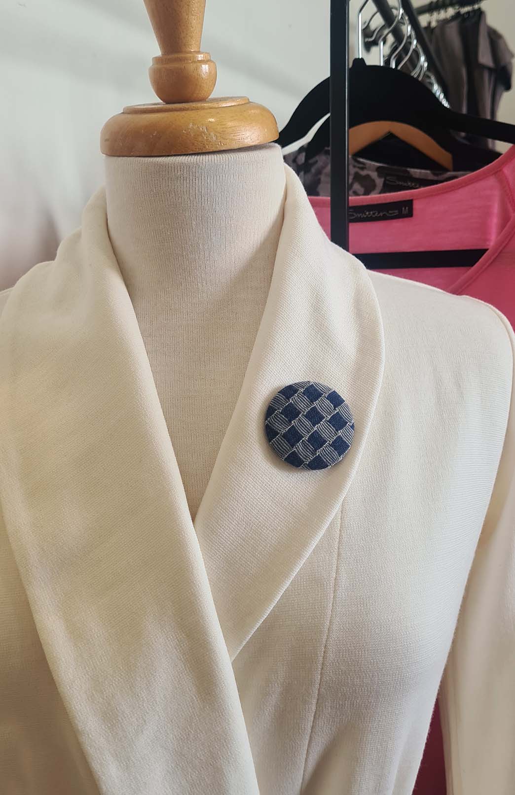 Blue Check Women's Merino Wool Magnetic Button Brooch