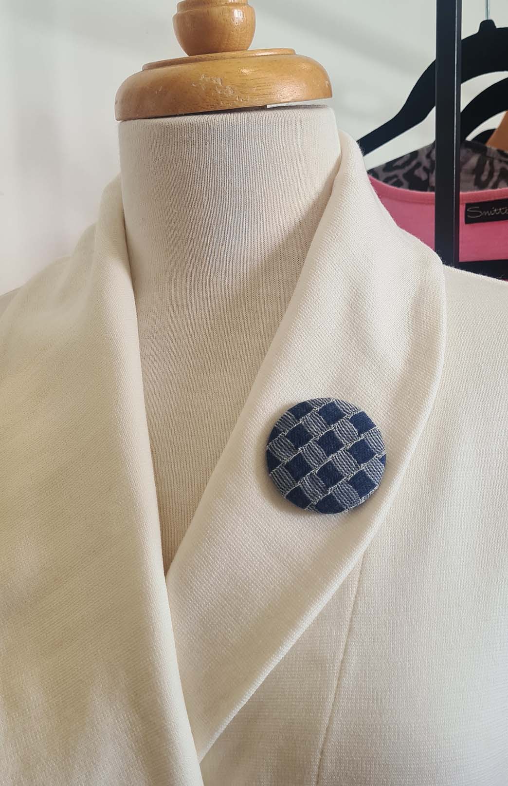 Blue Check Women's Merino Wool Magnetic Button Brooch