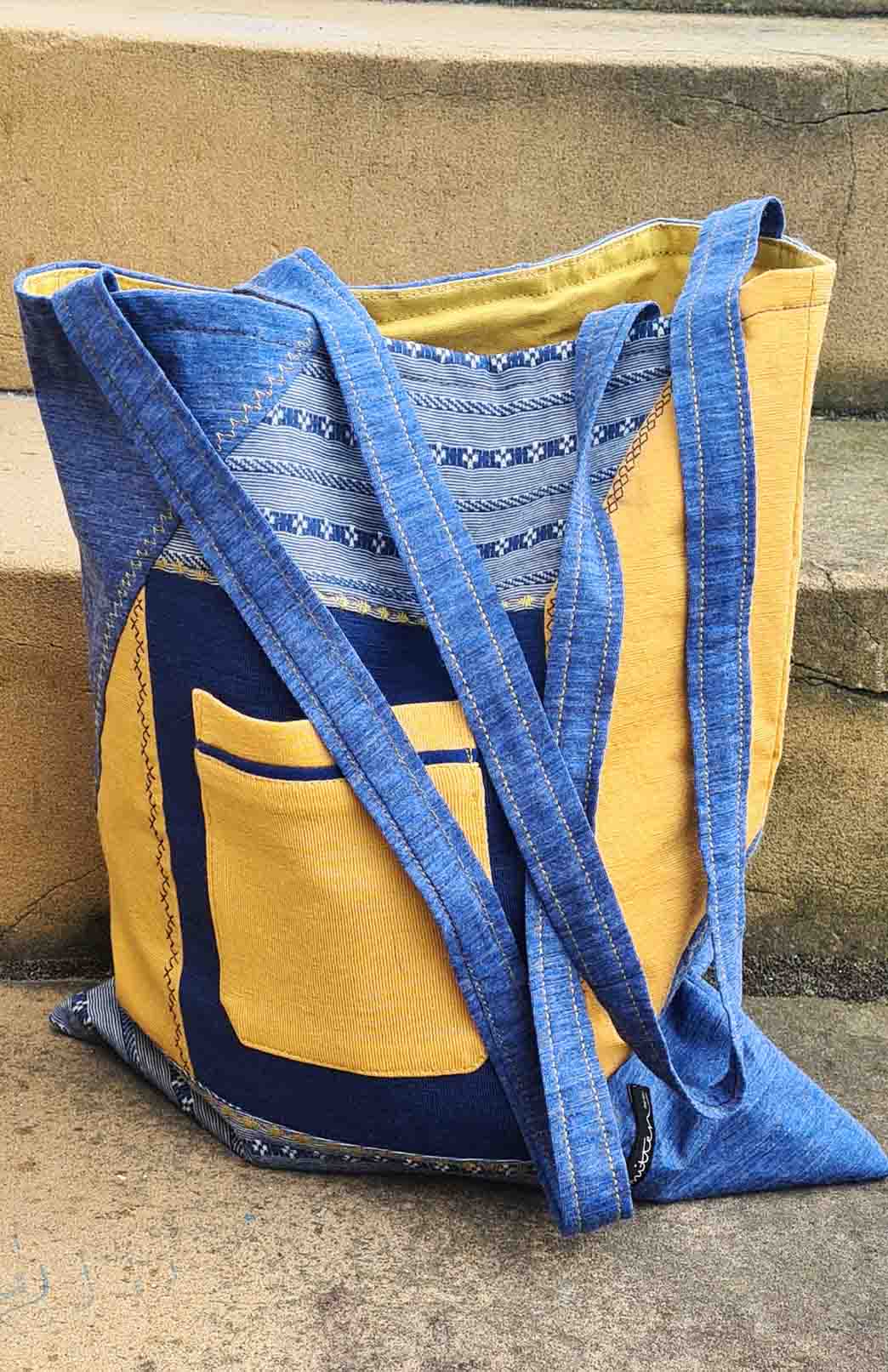 Blue & Yellow Bag Merino Wool Patchwork Tote Bag