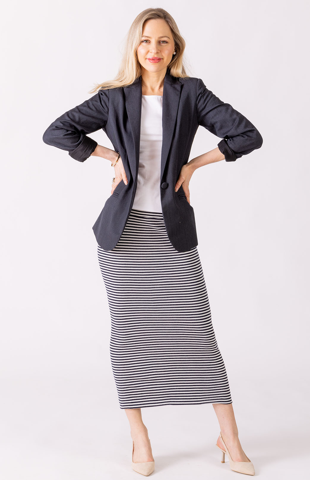 Navy & Ivory Narrow Stripe Women's Merino Wool Long Tube Skirt