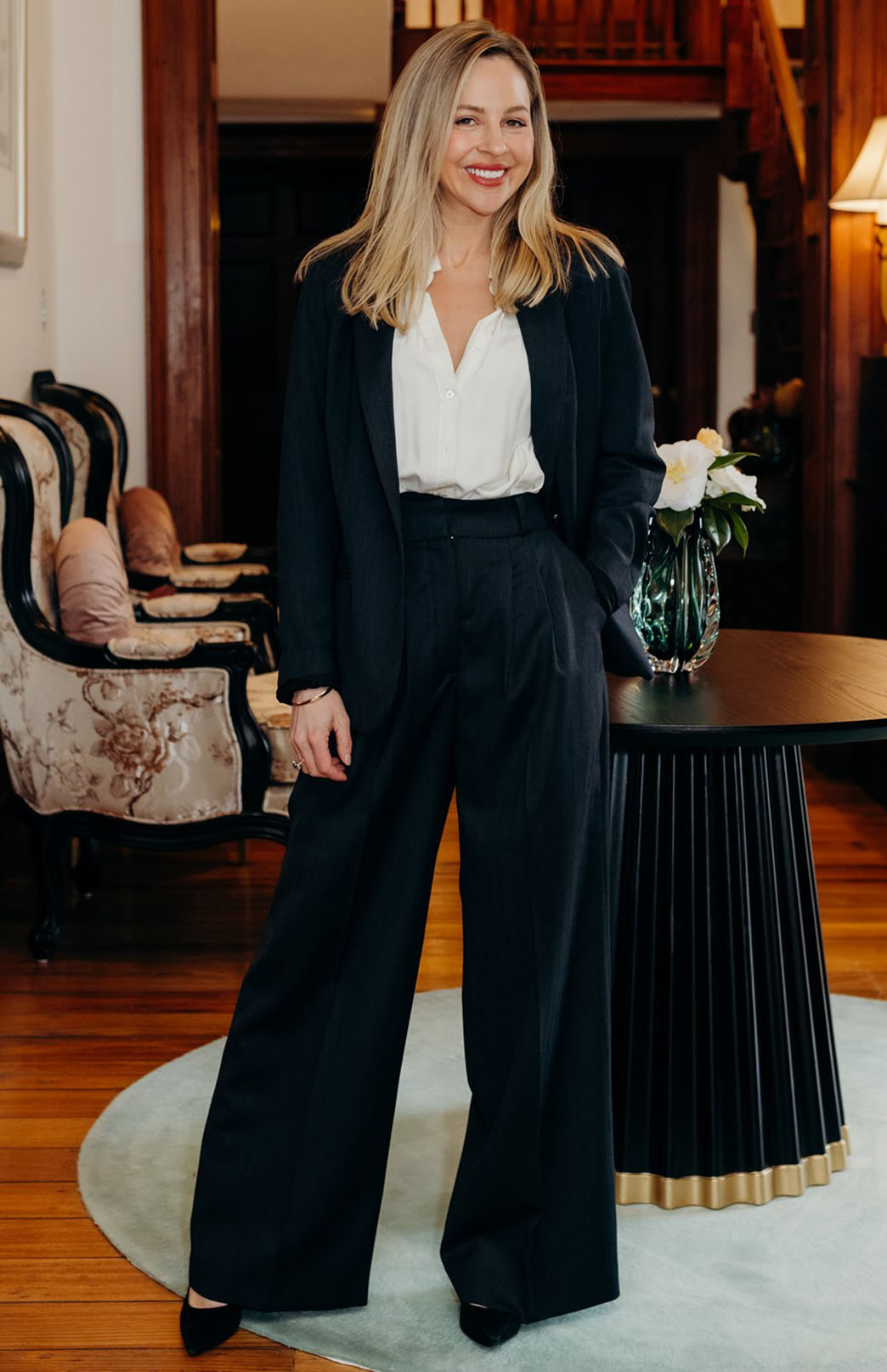Obsidian Grey Herringbone Women&#39;s Superfine Merino Wool Herringbone Wide Leg Pleated Pants with Silk lining
