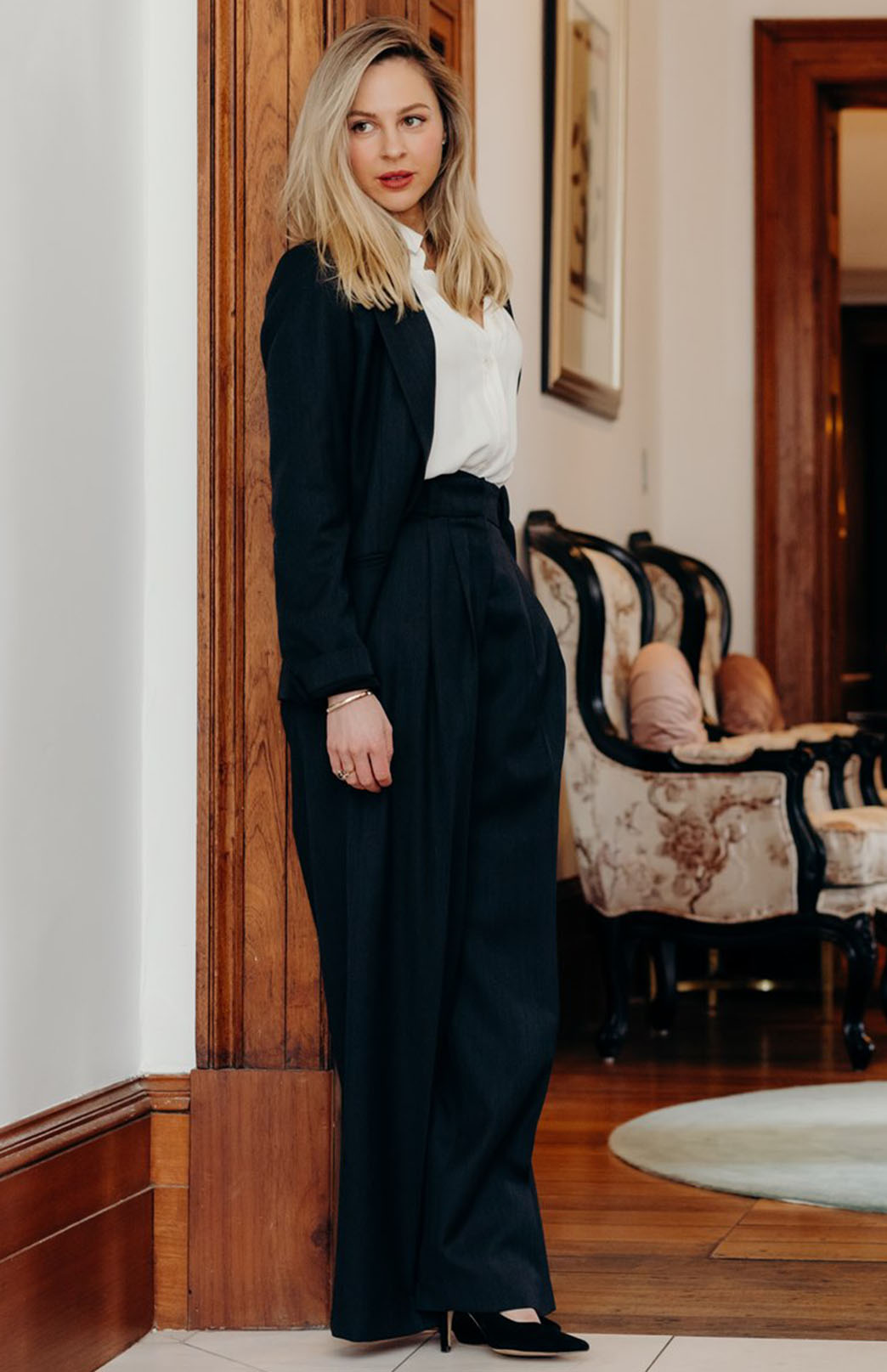 Obsidian Grey Herringbone Women's Superfine Merino Wool Herringbone Wide Leg Pleated Pants 