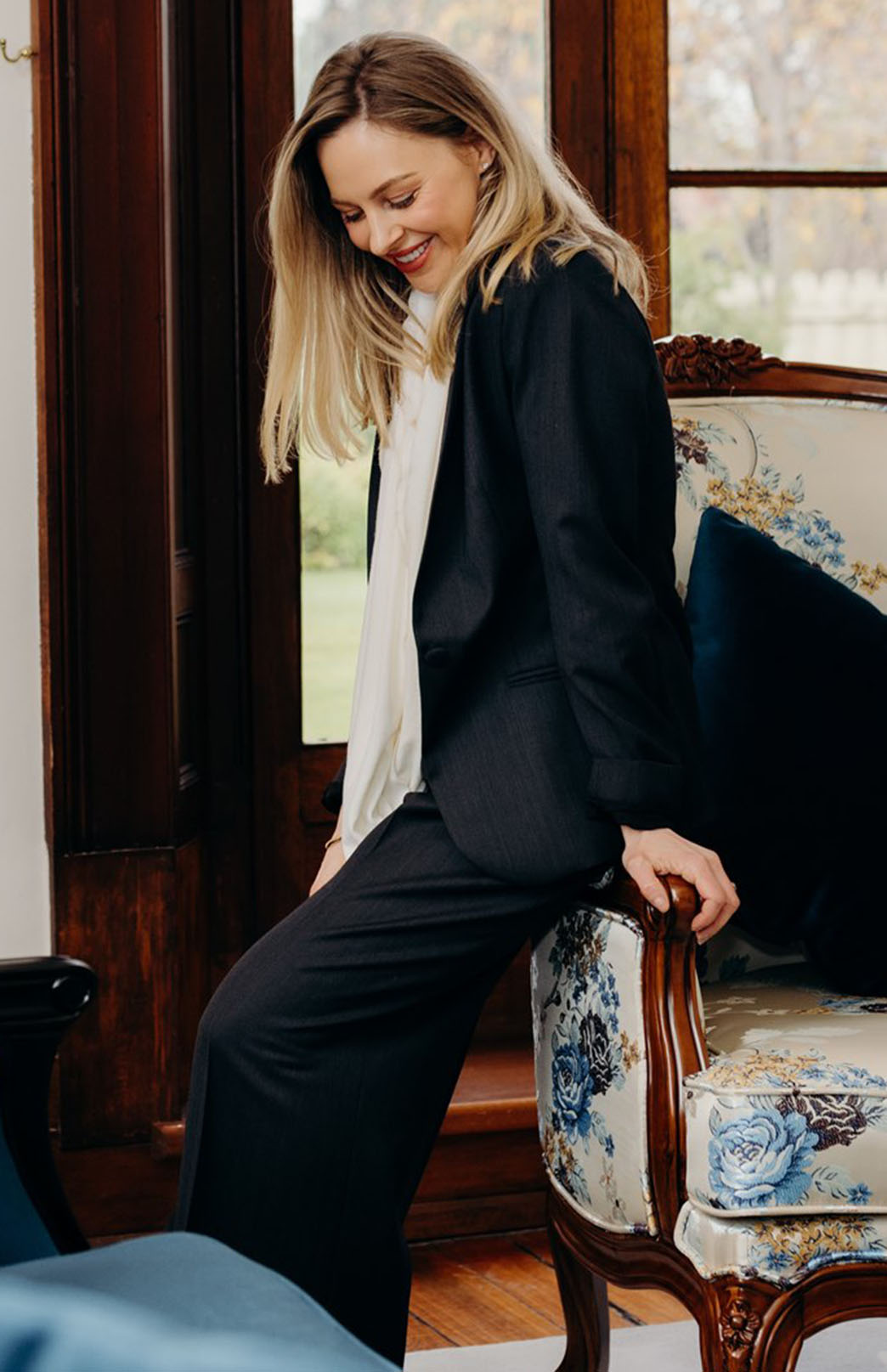 Obsidian Grey Herringbone Women's Superfine Merino Wool Herringbone Blazer Jacket with Silk Lining