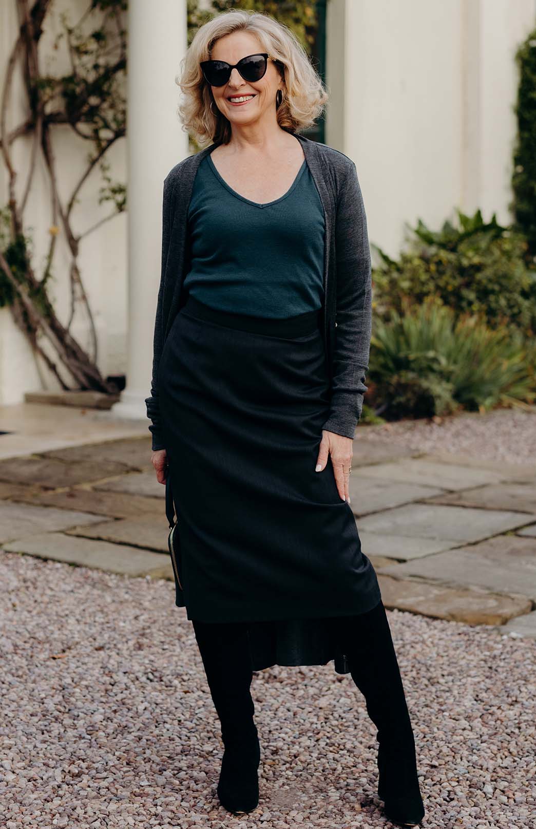 Obsidian Grey Herringbone Women's Superfine Merino Wool Herringbone Pencil Skirt with Silk Lining