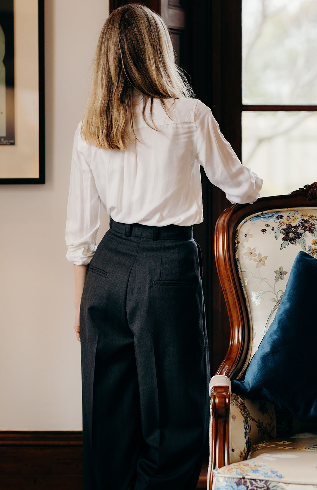 Obsidian Grey Herringbone Women's Superfine Merino Wool Herringbone Wide Leg Pleated Pants 