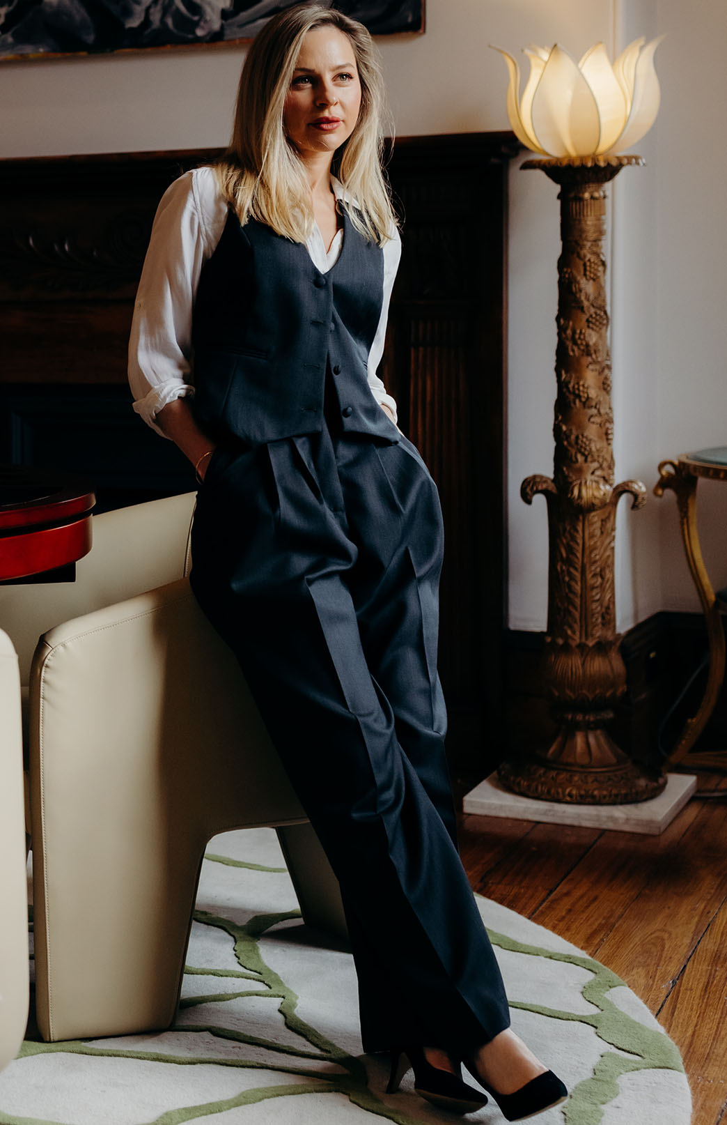 Obsidian Grey Herringbone Women's Superfine Merino Wool Herringbone Waistcoat with Silk Lining