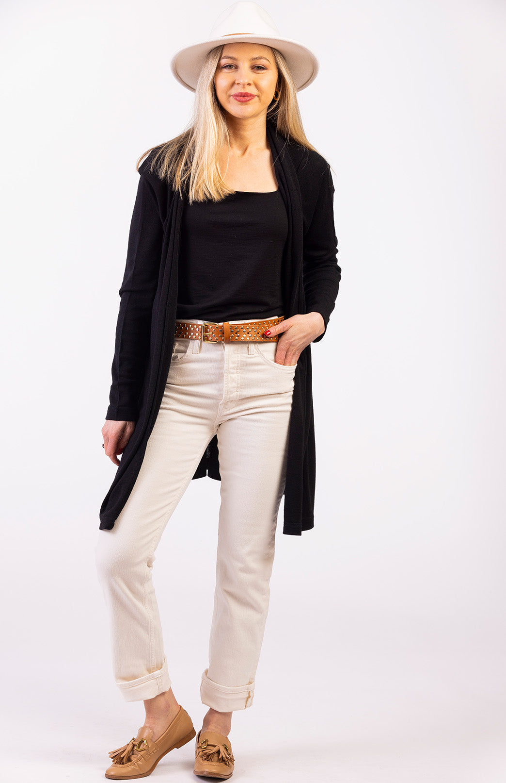 Black Women's Merino Wool Drape Cardigan
