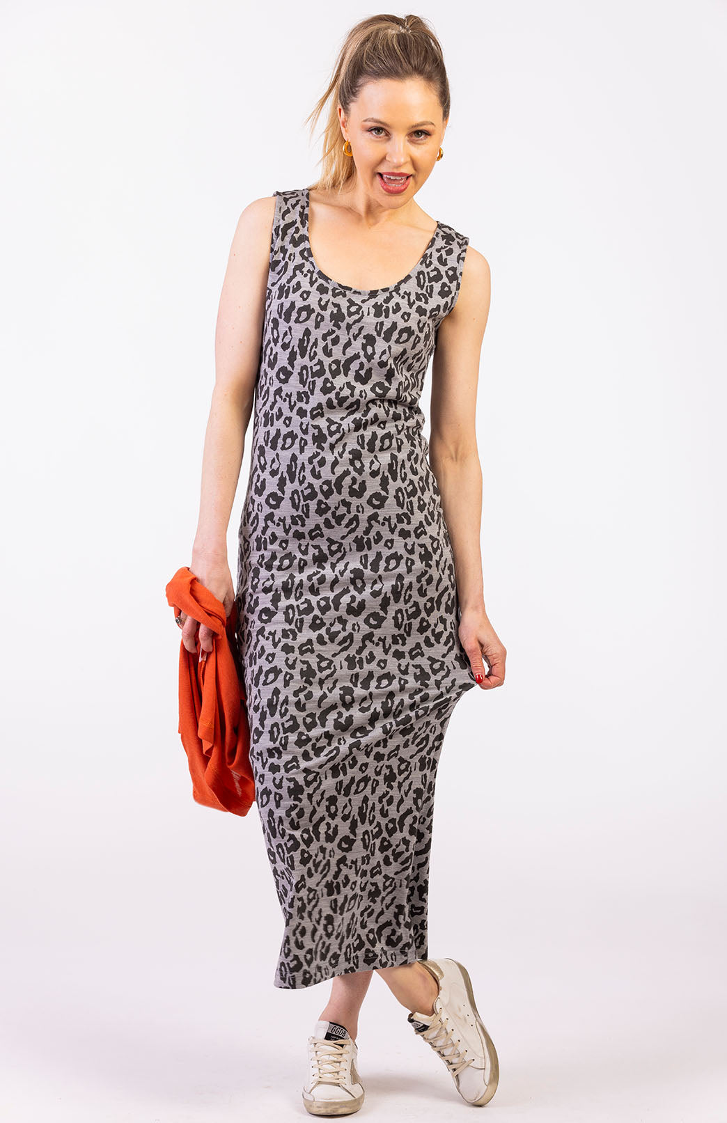 Grey Marl Leopard Women's Sleeveless Merino Wool Scoop Neck Dress
