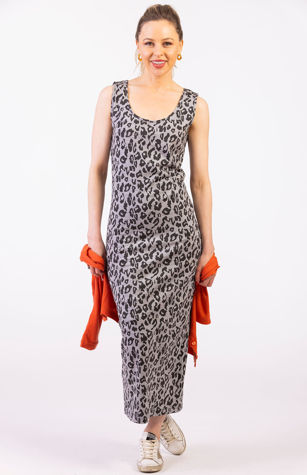 Grey Marl Leopard Women's Sleeveless Merino Wool Scoop Neck Dress