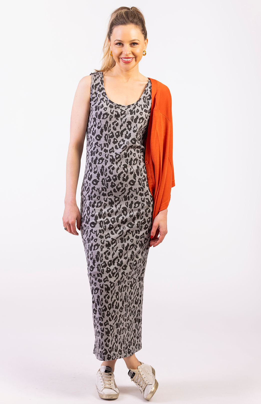 Grey Marl Leopard Women&#39;s Sleeveless Merino Wool Scoop Neck Dress
