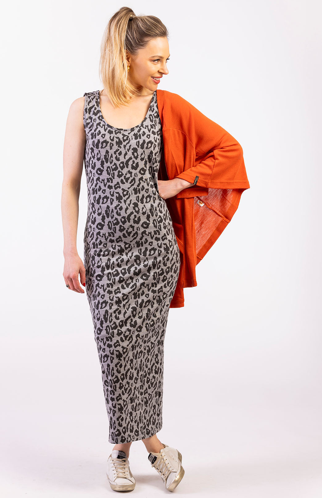 Grey Marl Leopard Women's Sleeveless Merino Wool Scoop Neck Dress