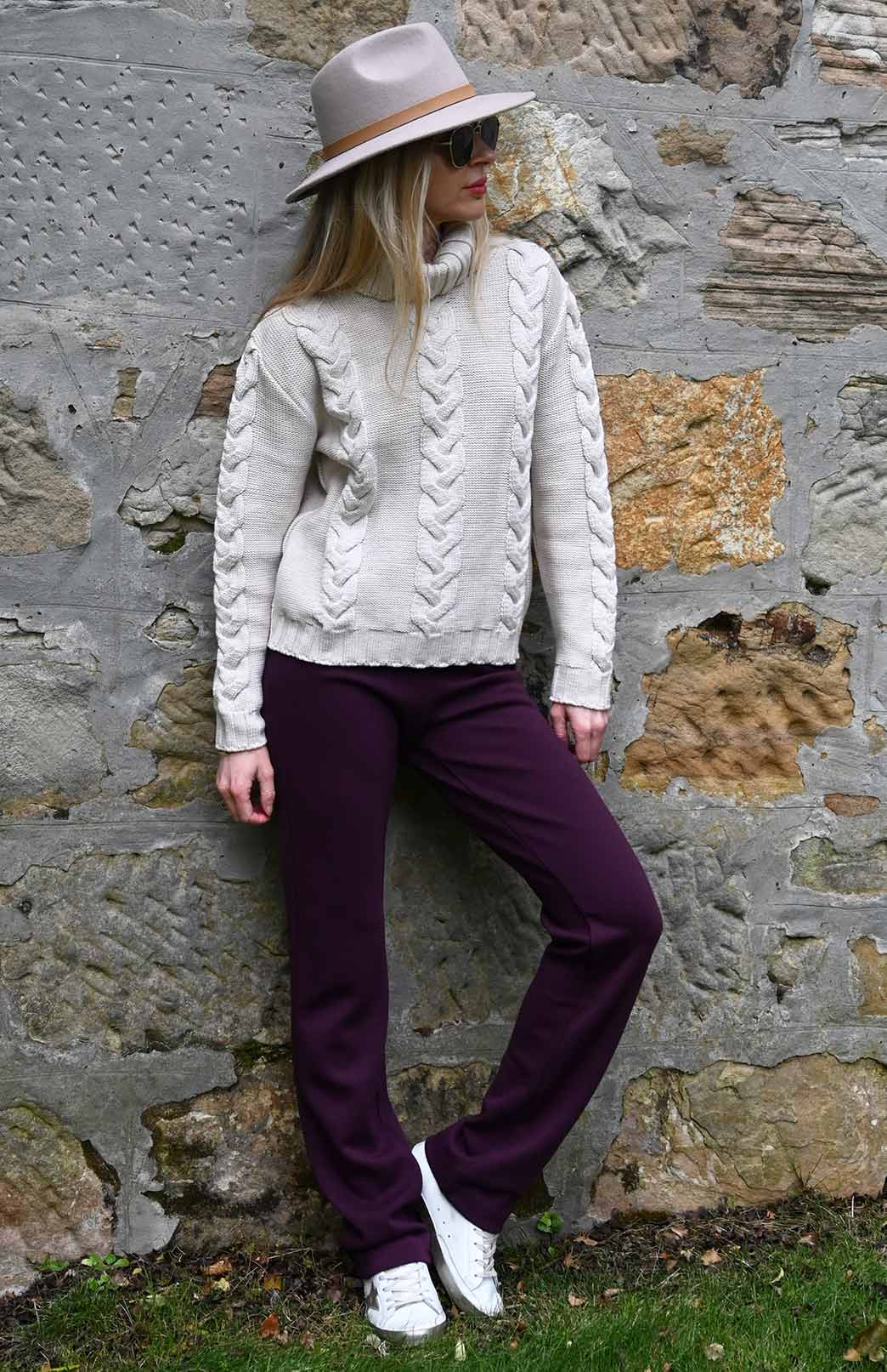 Aubergine Purple Women's Merino Wool Straight Leg Pants (Heavyweight 360g Fabric)