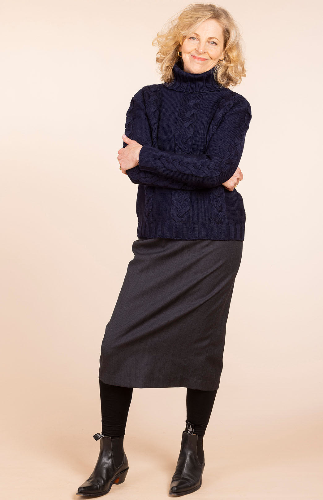 Navy Blue Women's Merino Wool Cable Knit Jumper 