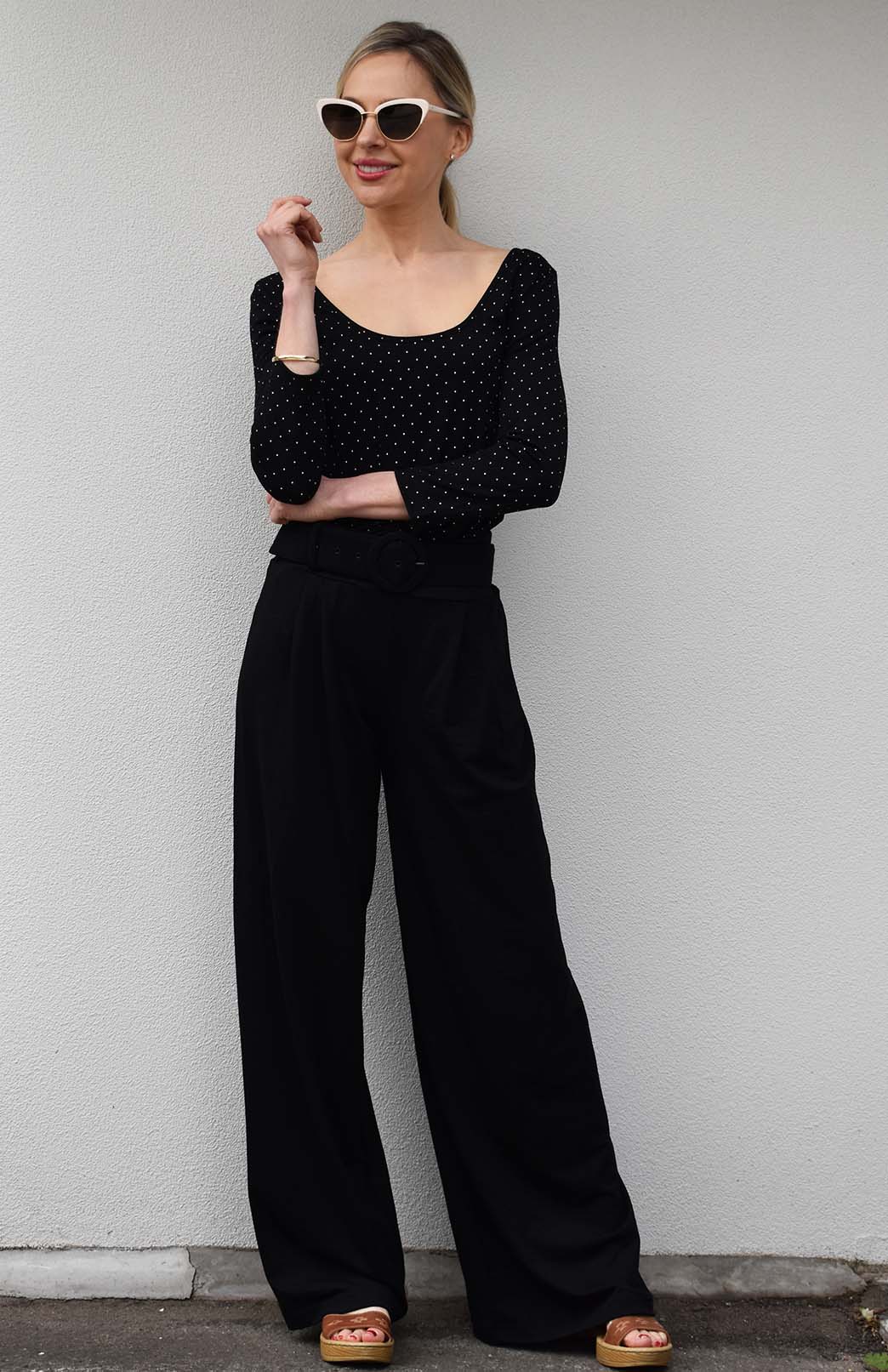 Black Women's Merino Wool Wide Leg Pants with Pockets