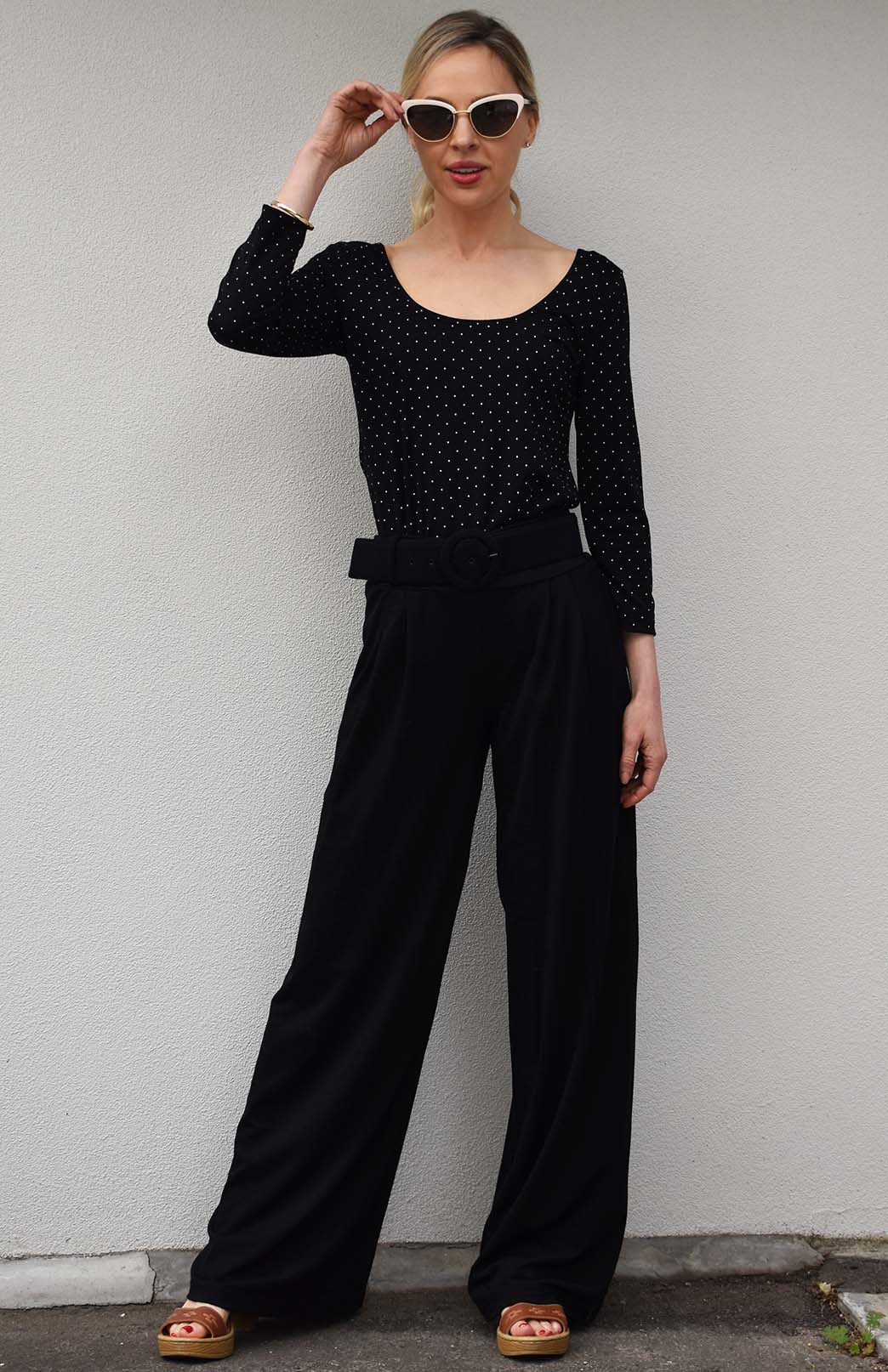 Black Women's Merino Wool Wide Leg Pants with Pockets