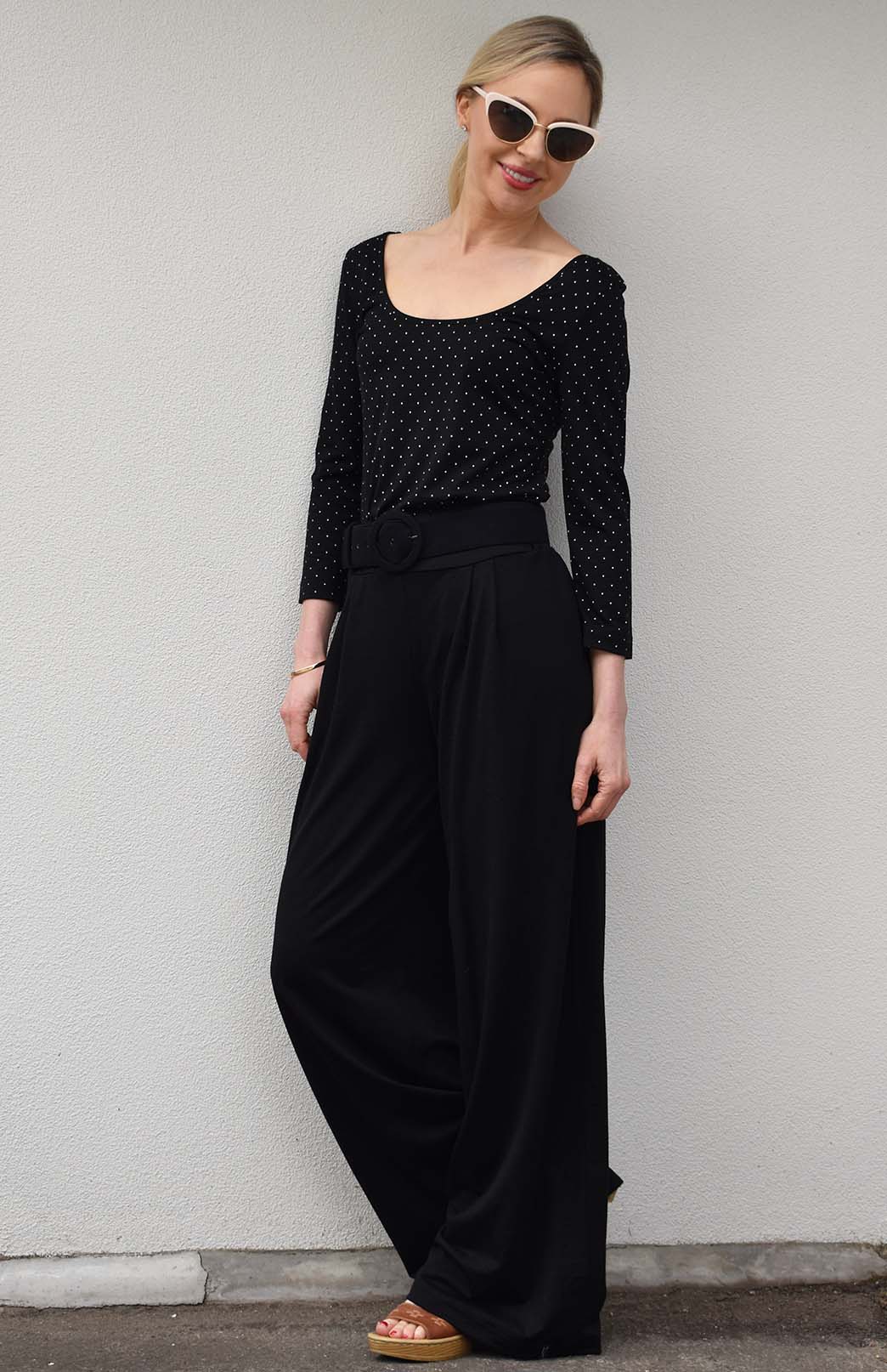 Black Women's Merino Wool Wide Leg Pants with Pockets