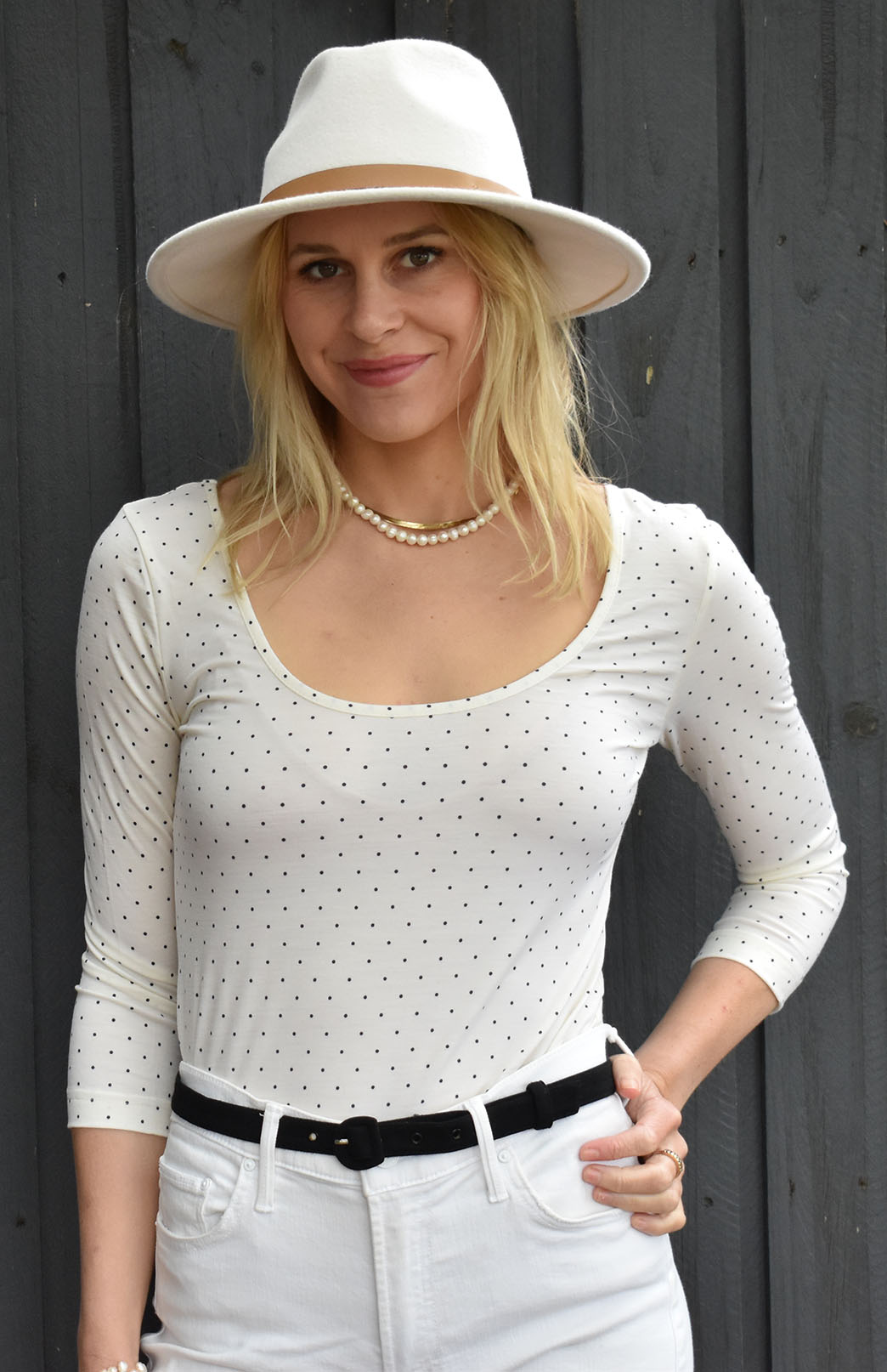 Vintage Ivory & Black Spot Women's Merino Wool Super Scoop Neck Fashion Top