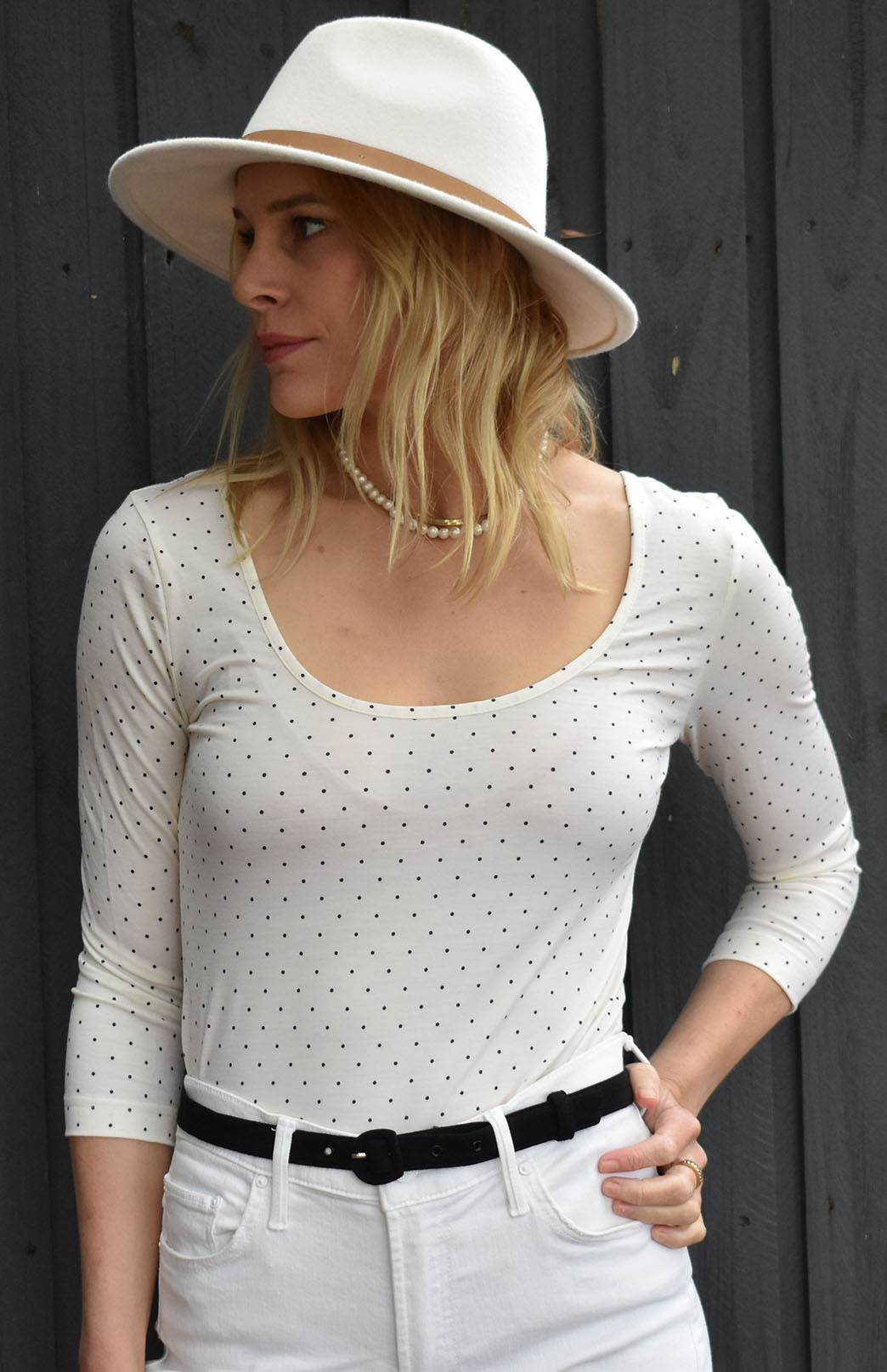 Vintage Ivory & Black Spot Women's Merino Wool Super Scoop Neck Fashion Top