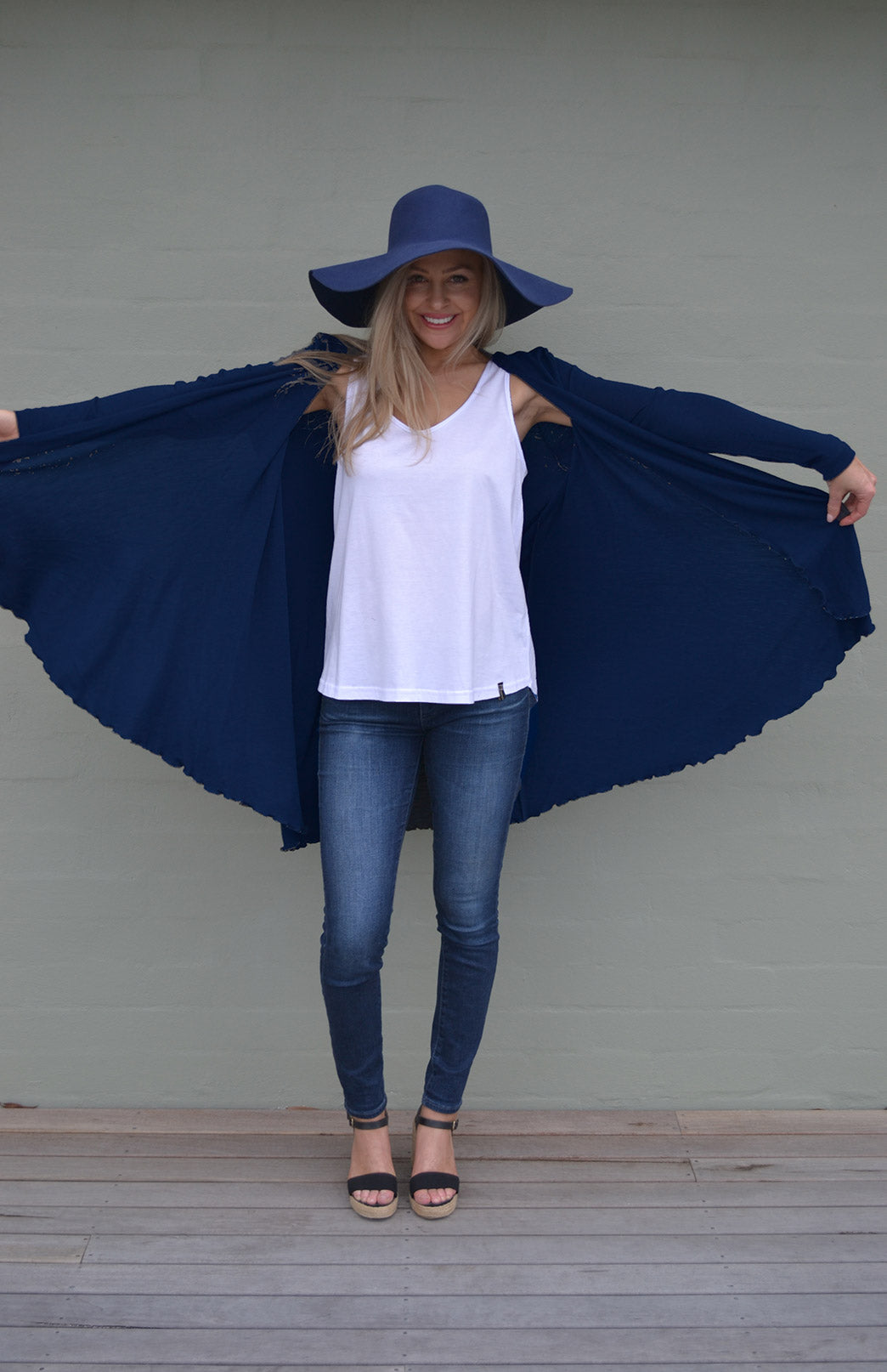 French Navy Blue Women's Merino Wool Long Sleeve Wrap Around Cardigan