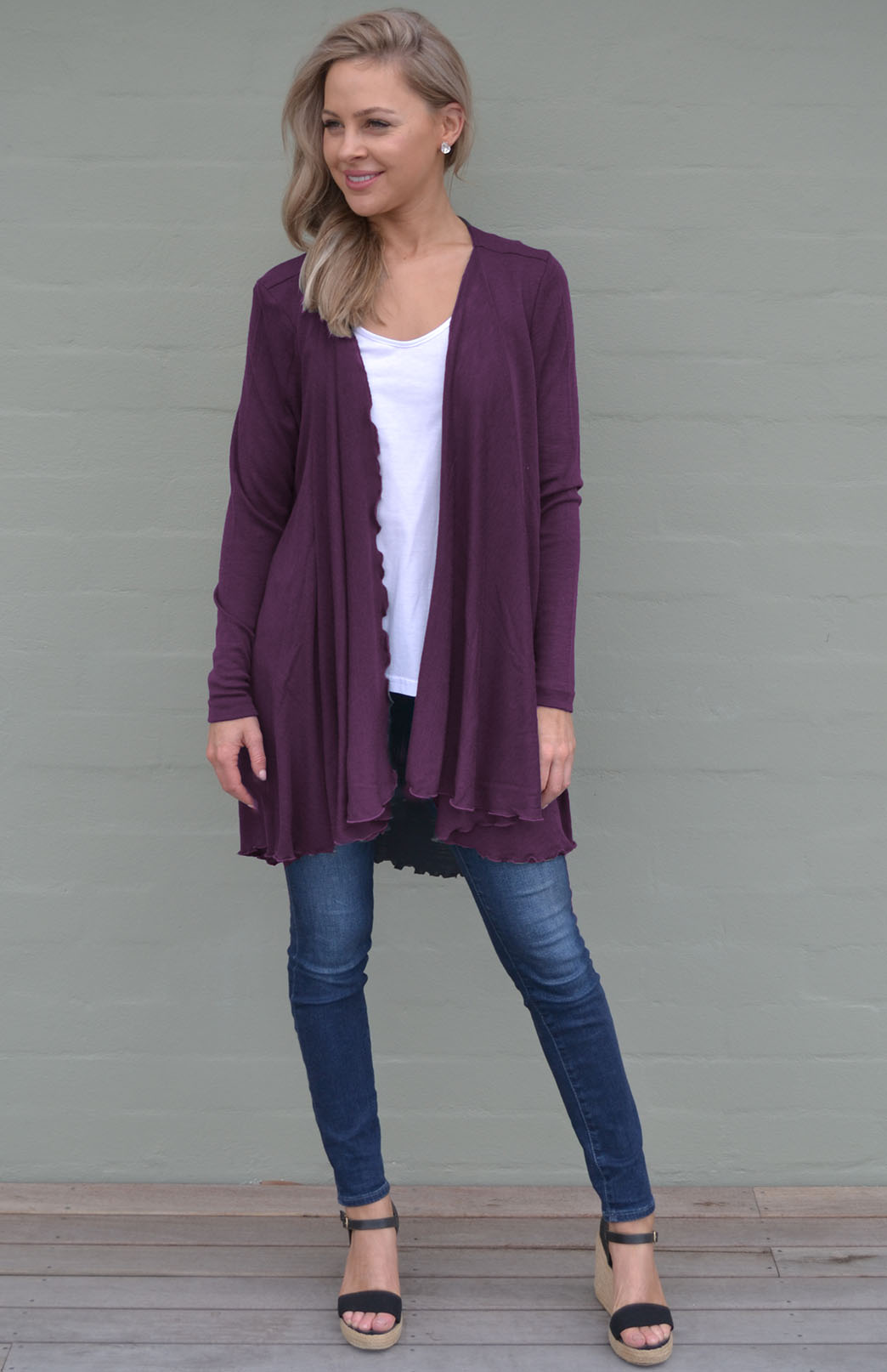Aubergine Purple Women's Merino Wool Long Sleeve Wrap Around Cardigan