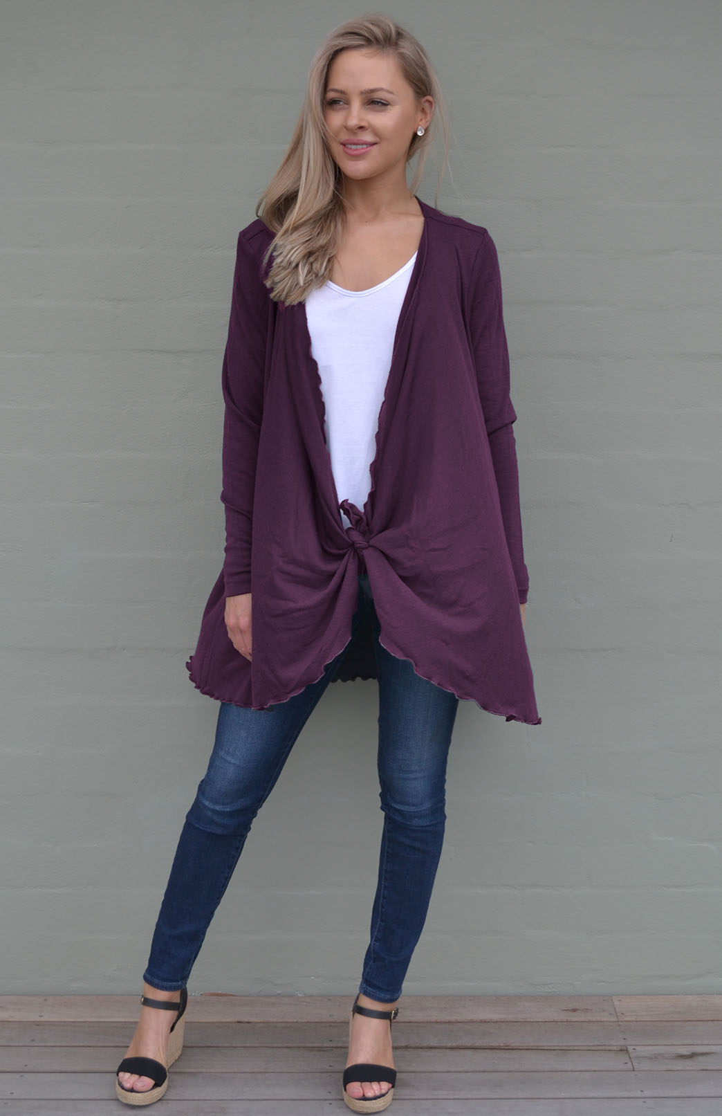 Aubergine Purple Women&#39;s Merino Wool Long Sleeve Wrap Around Cardigan
