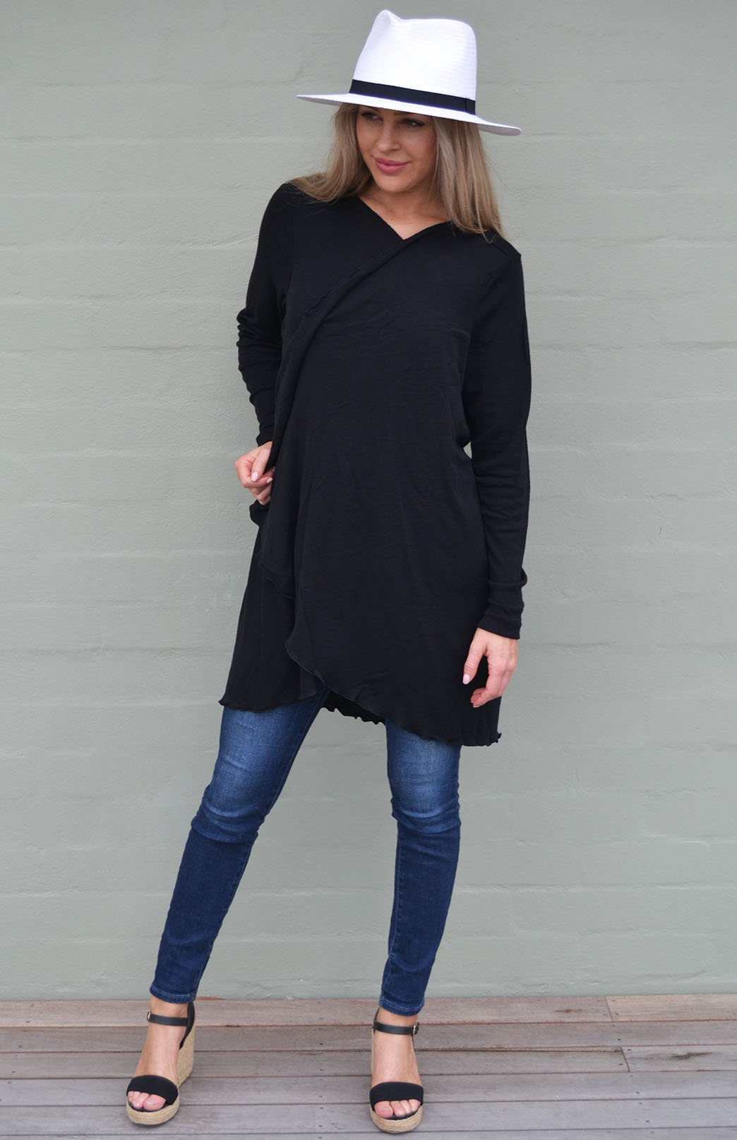 Black Women's Merino Wool Long Sleeve Wrap Around Cardigan