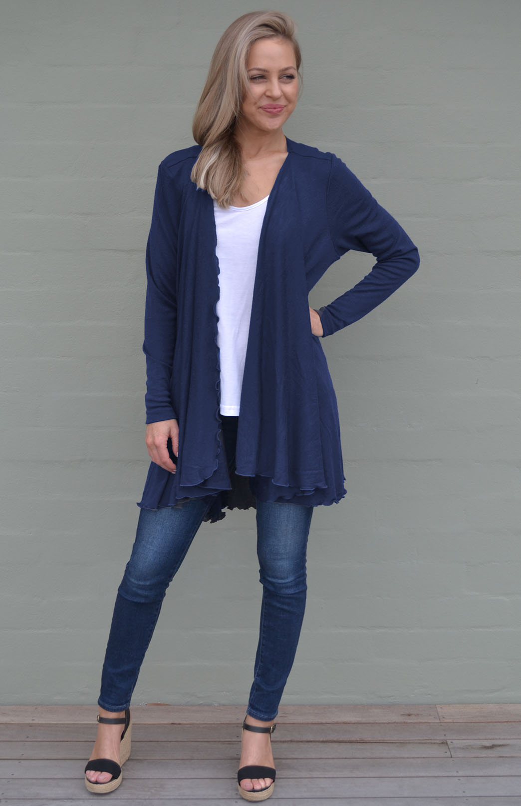French Navy Blue Women's Merino Wool Long Sleeve Wrap Around Cardigan