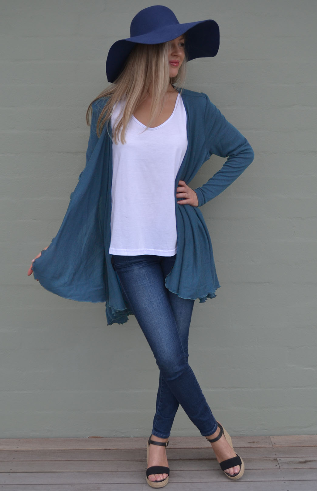 Storm Teal Women&#39;s Merino Wool Long Sleeve Wrap Around Cardigan
