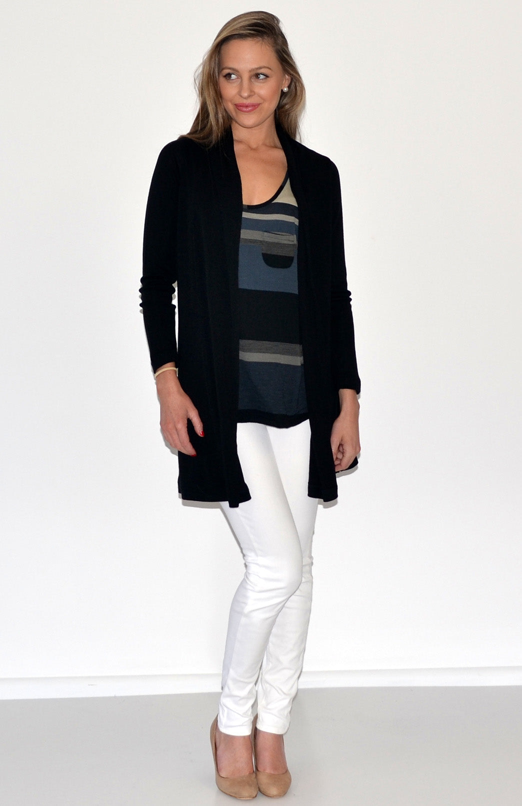 Black Multi Stripe Women&#39;s Merino Wool Blend Summer Singlet Tank Top
