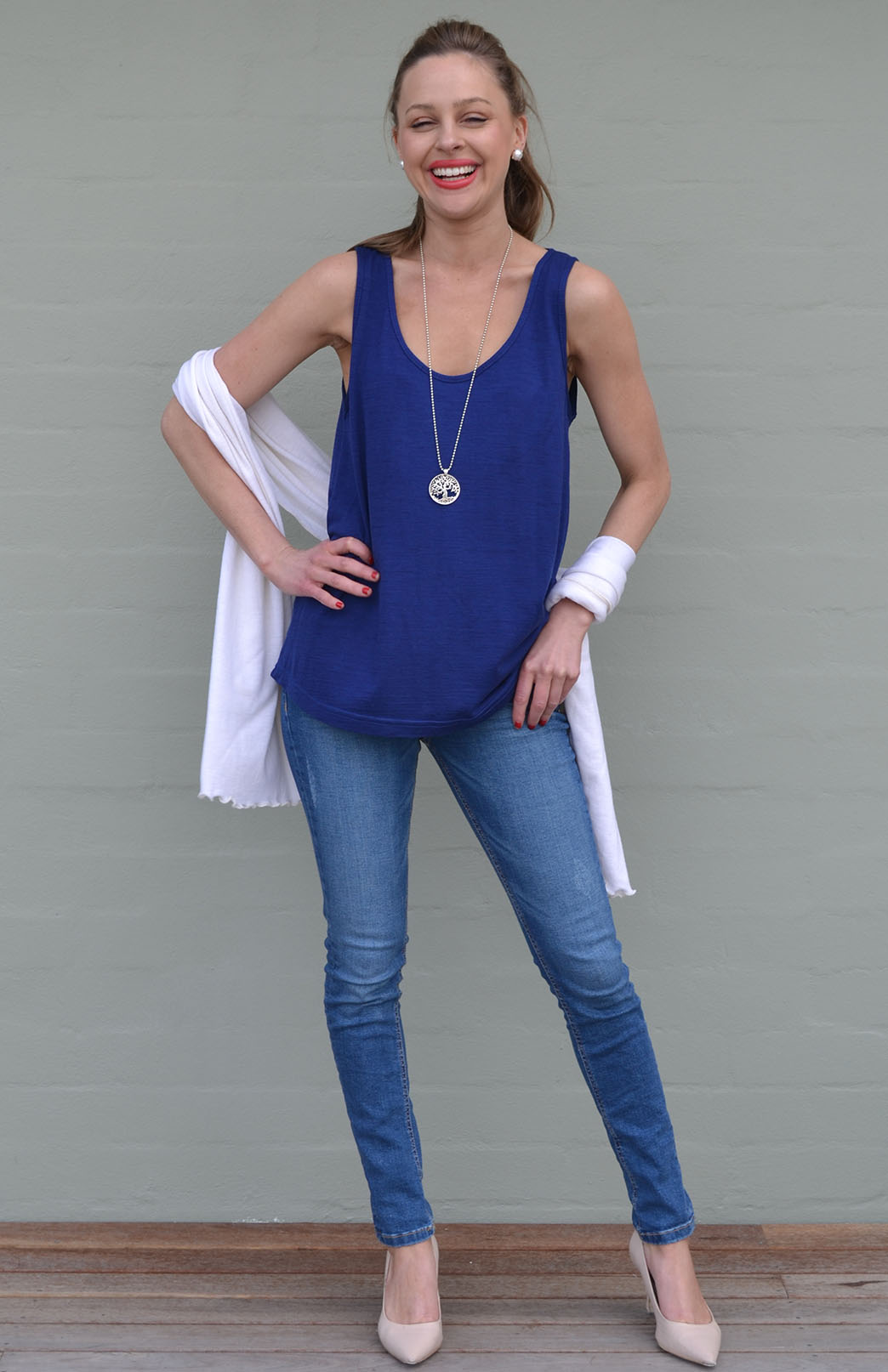 Sapphire Blue Women's Merino Wool Blend Summer Singlet Tank Top