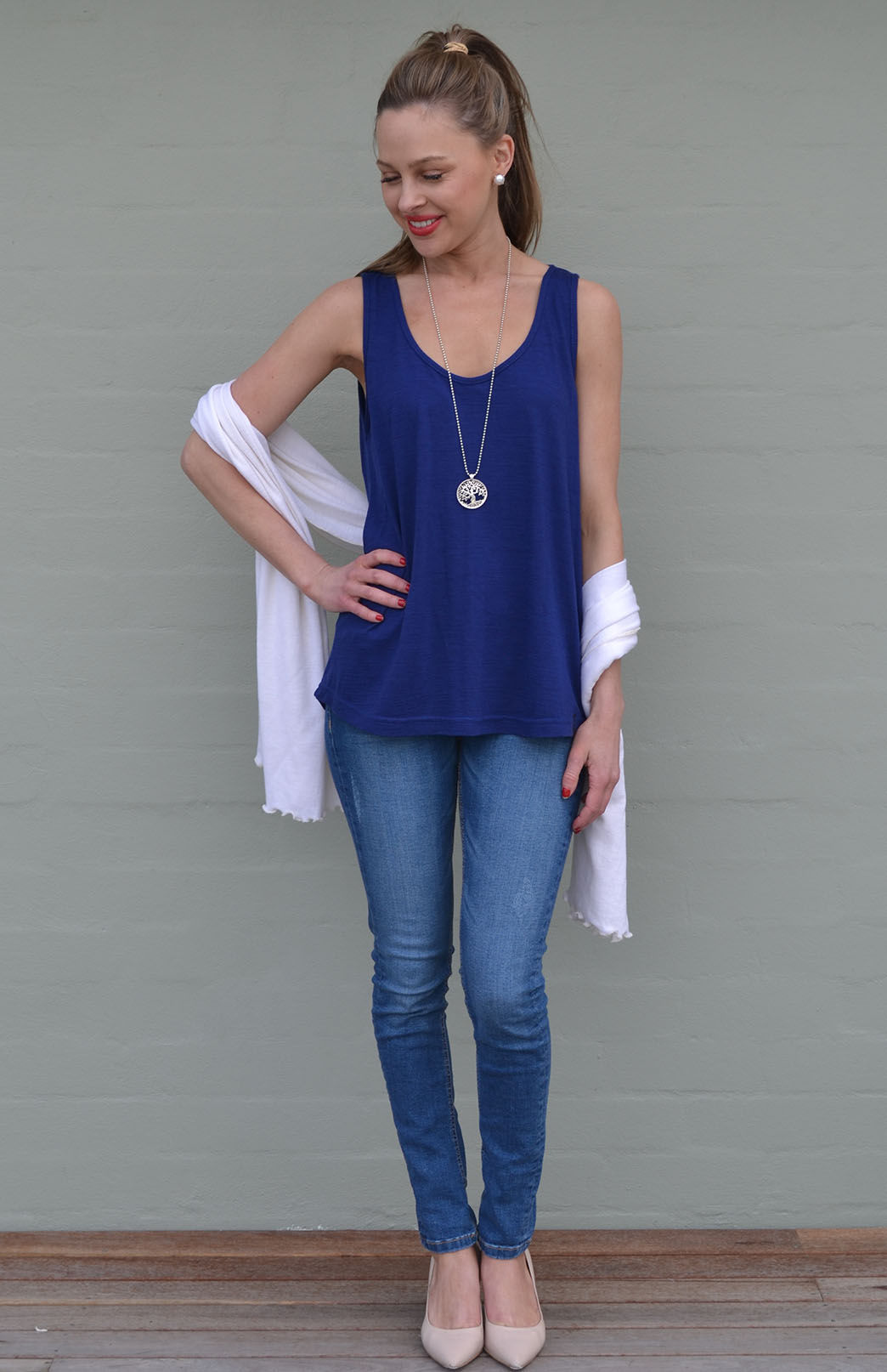 Sapphire Blue Women&#39;s Merino Wool Blend Summer Singlet Tank Top
