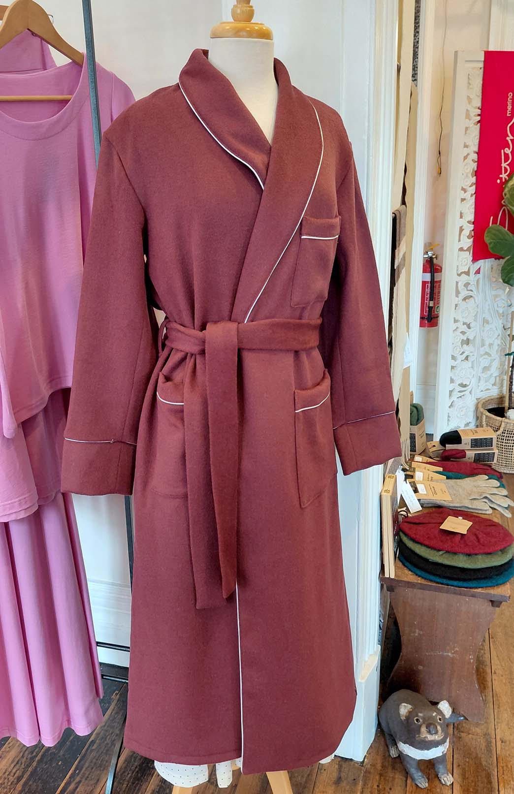 Burgundy Red Unisex Superfine Merino Wool and Cashmere Blend Traditional Dressing Gown