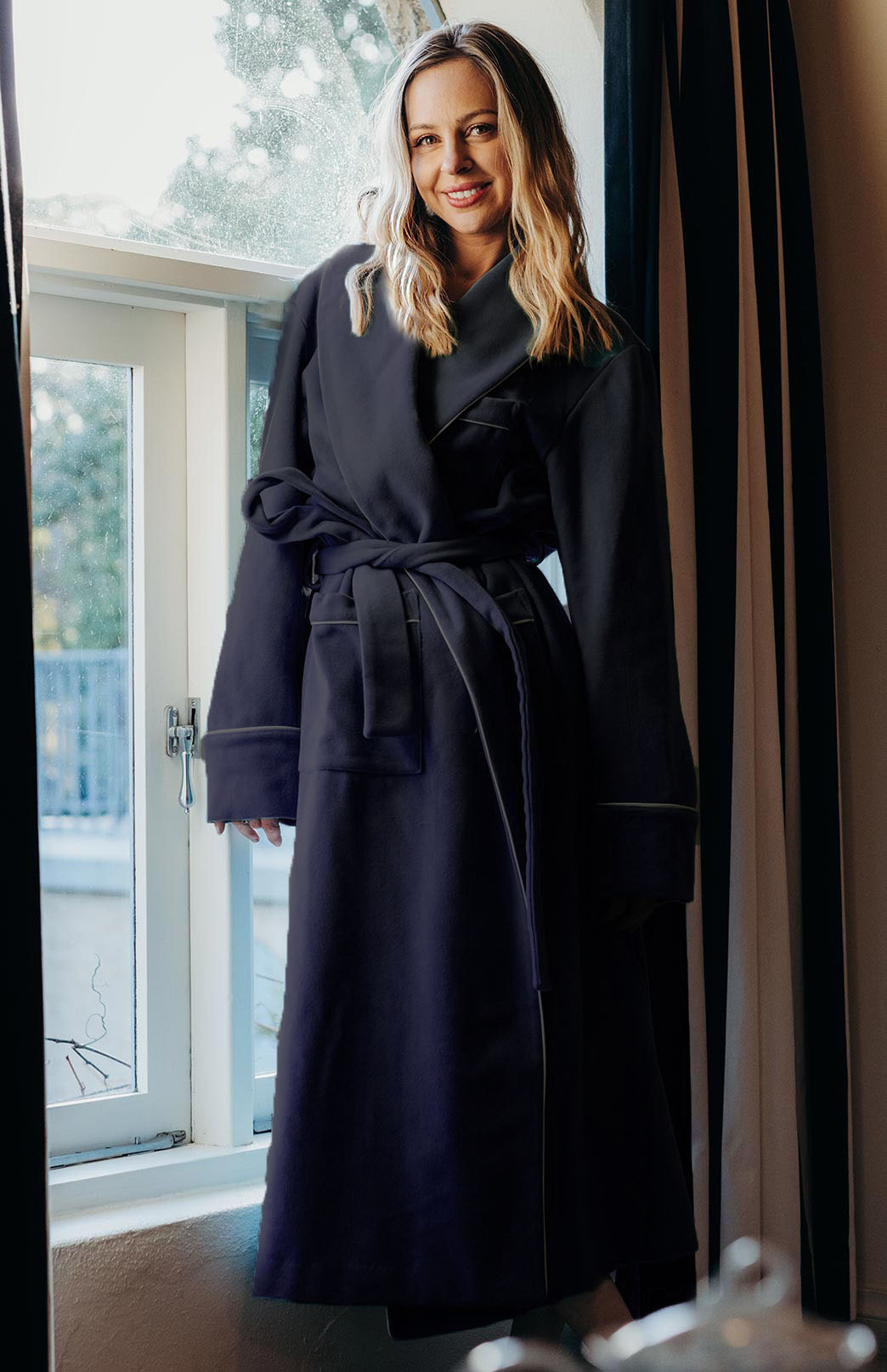 Dark Blue Unisex Superfine Merino Wool and Cashmere Blend Traditional Dressing Gown