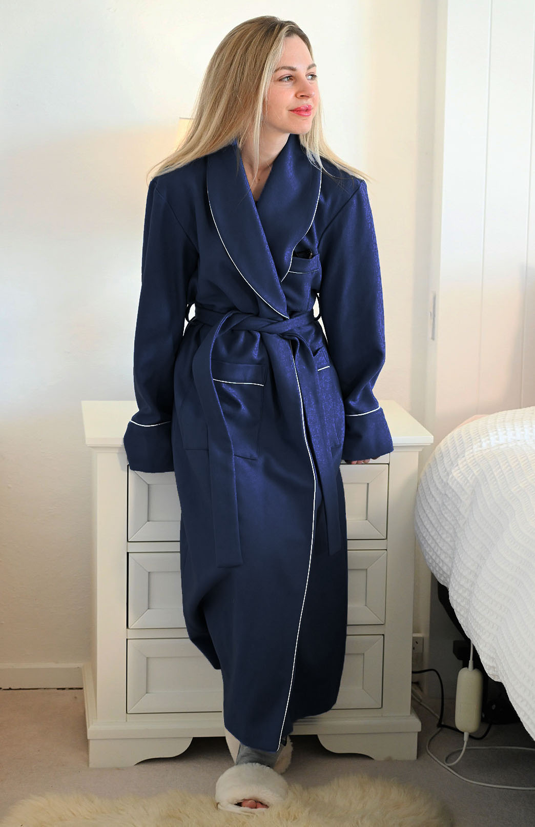 Navy Blue with Ivory Piping Superfine Merino Wool Dressing Gown

