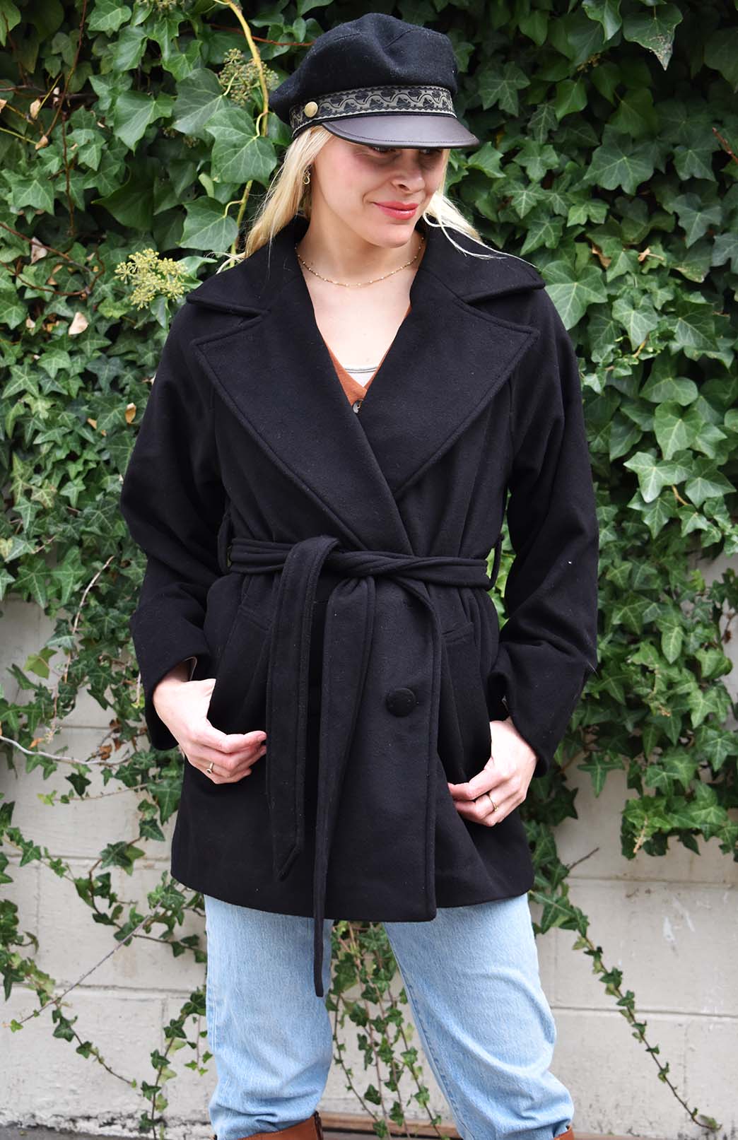 Black Women's Merino and Cashmere Coat with Belt Tie 