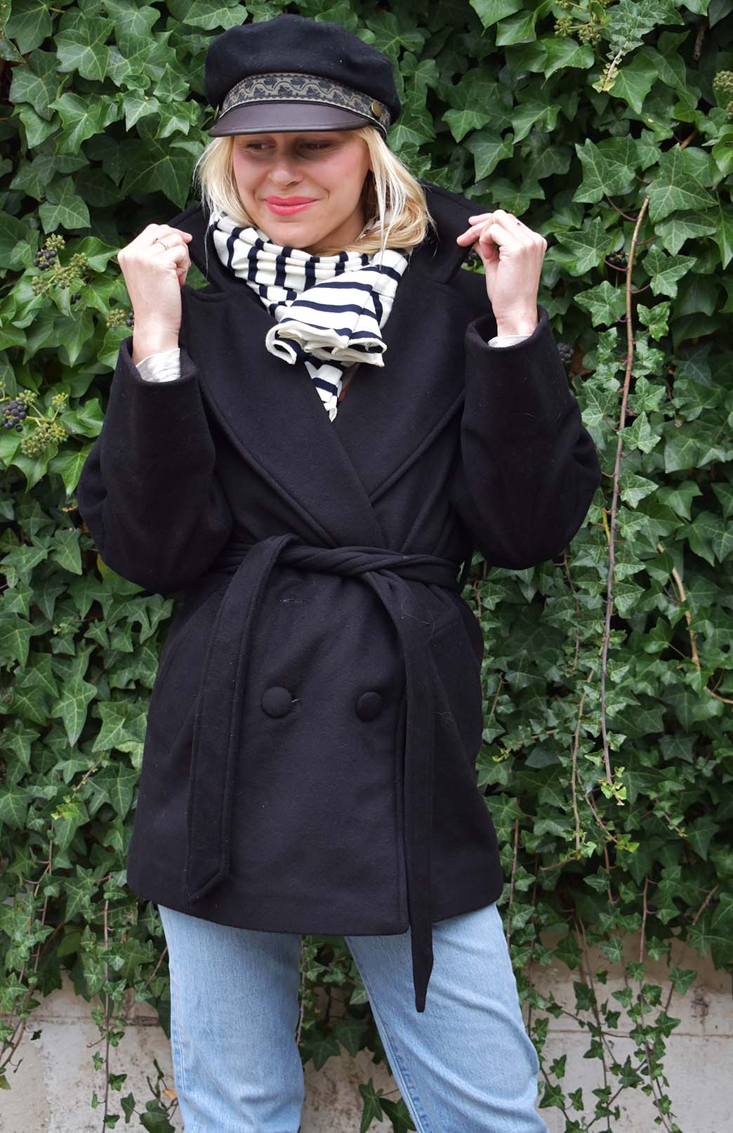 Black Women's Merino and Cashmere Coat with Belt Tie 