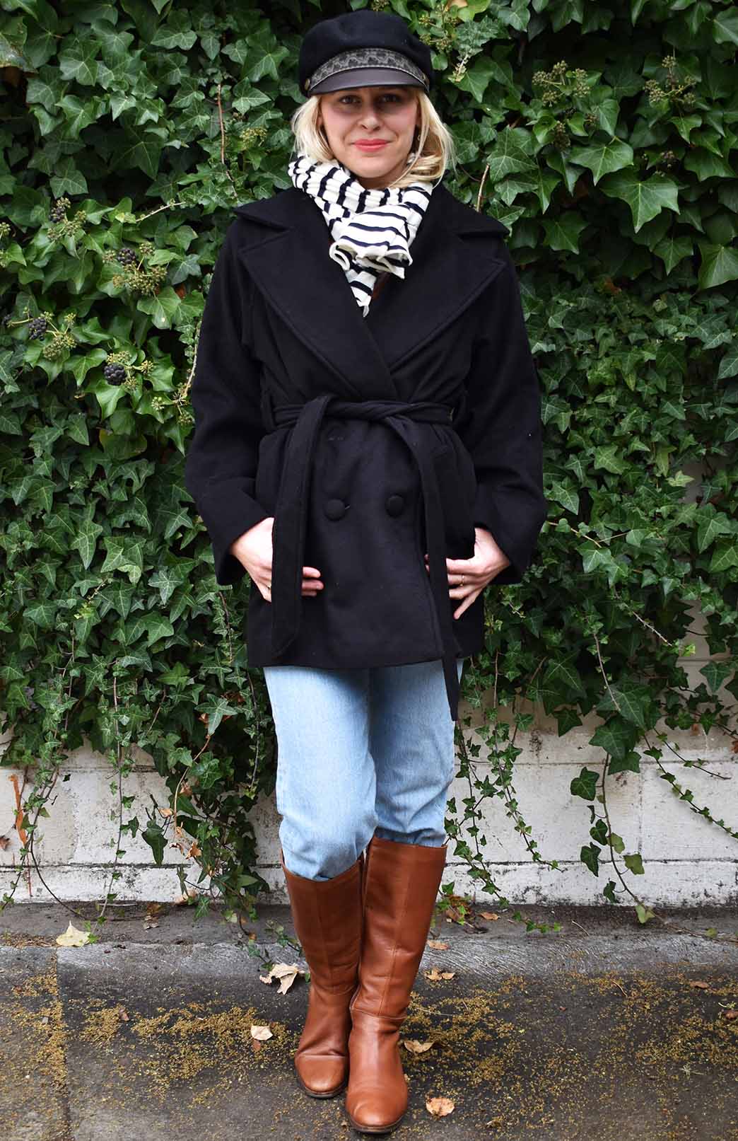 Black Women's Merino and Cashmere Coat with Belt Tie 