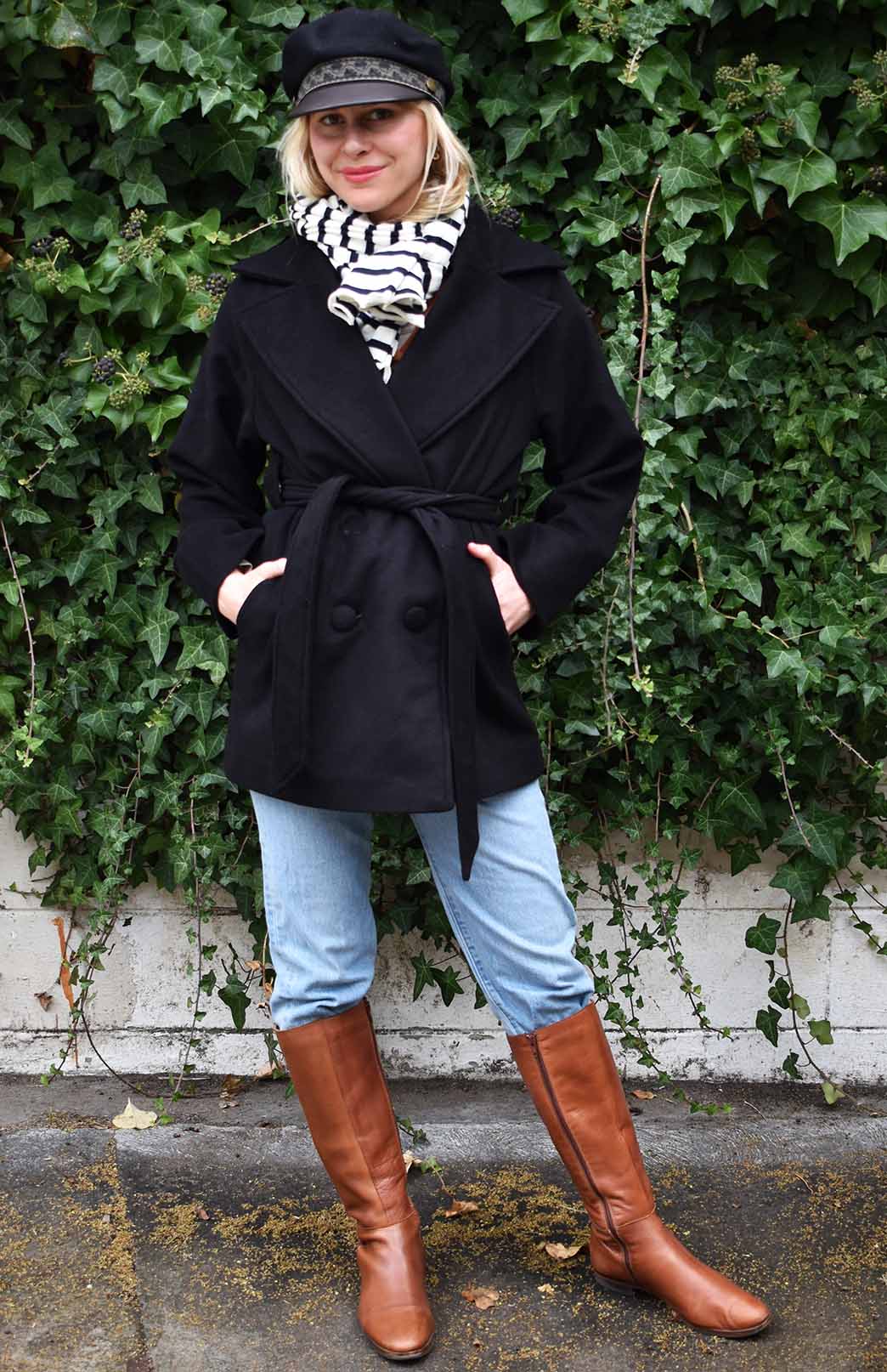 Black Women's Merino and Cashmere Coat with Belt Tie 