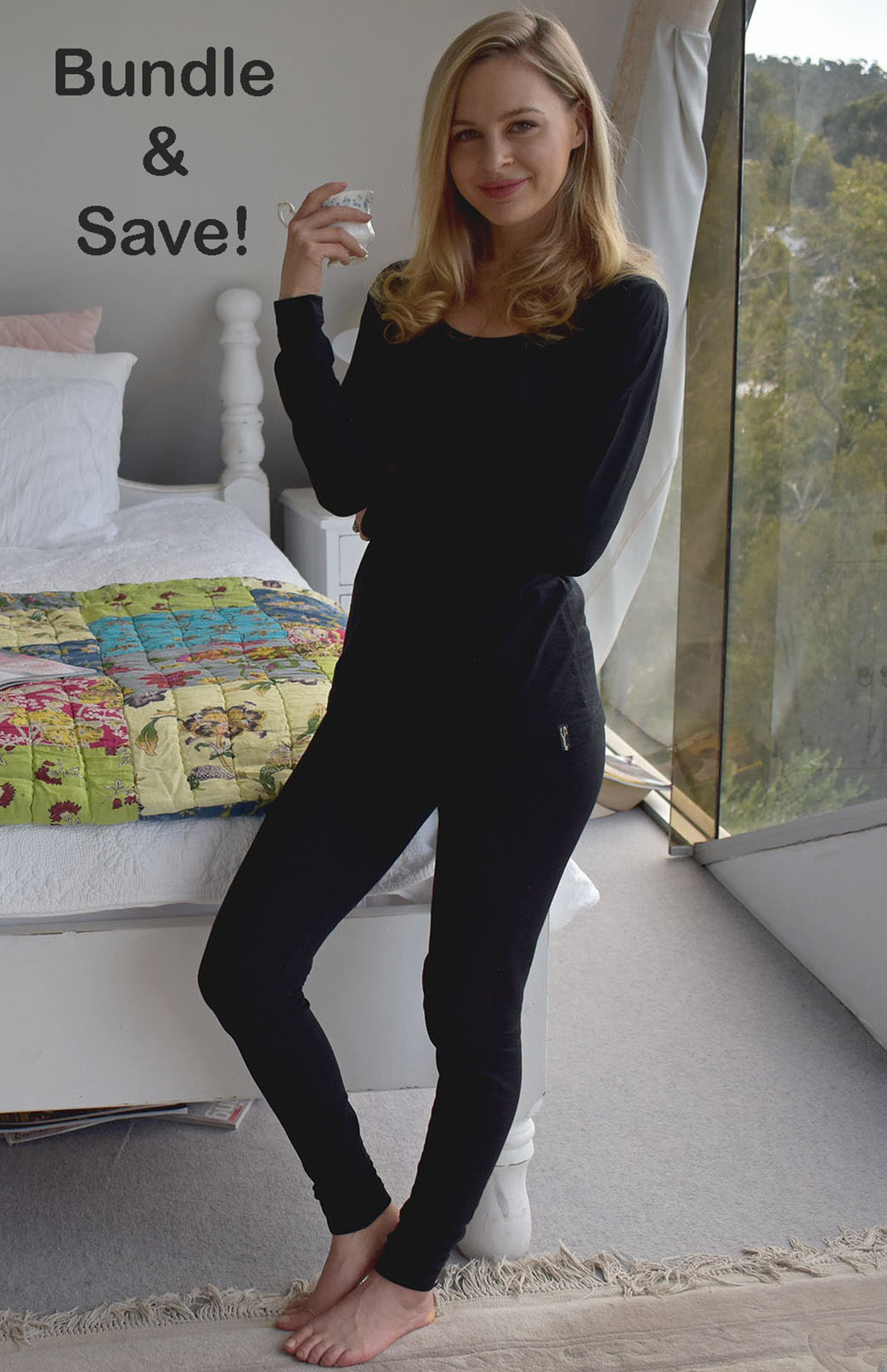 Black Women's Merino Wool Base Layer Bundle of Scoop Neck Top and Fleece High Waisted Leggings
